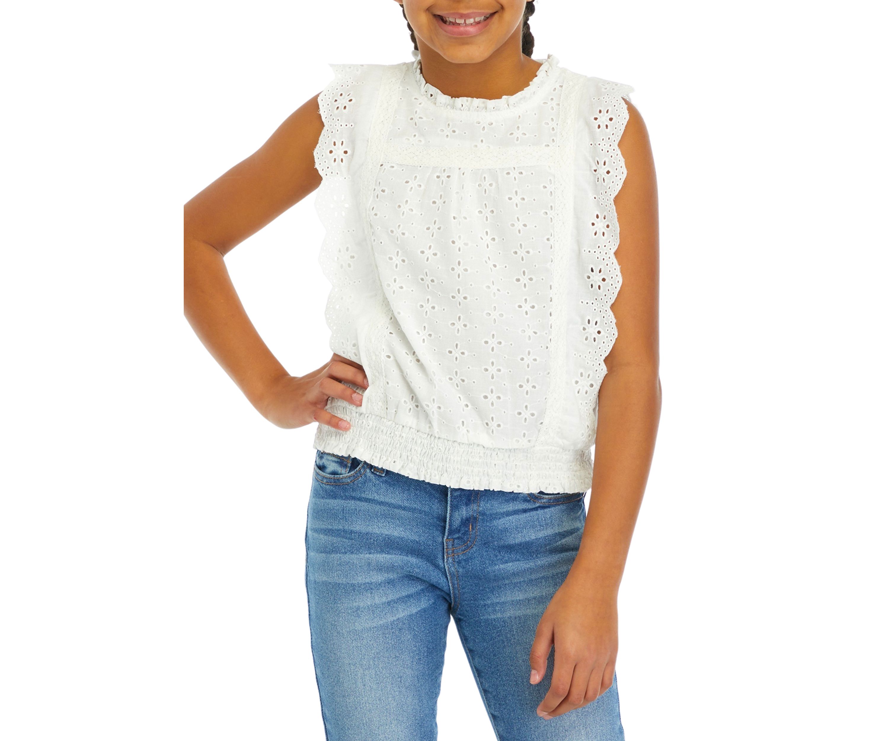 Girls 7-16  Eyelet Ruffled Sleeveless Top 