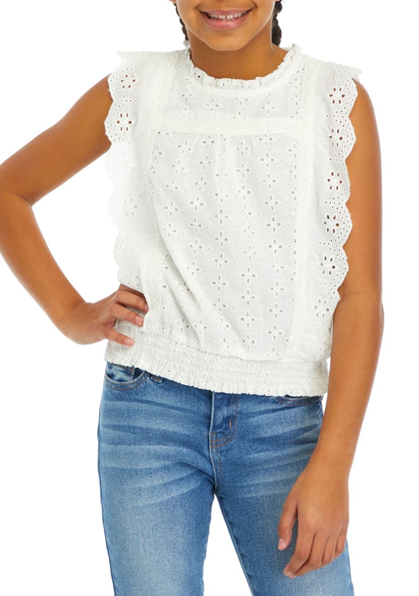 Girls 7-16  Eyelet Ruffled Sleeveless Top 
