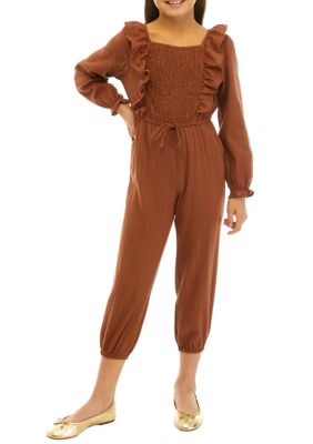 Hayden Girls 7-16 Long Sleeve Jumpsuit with Shoulder Ruffles, Brown, Medium
