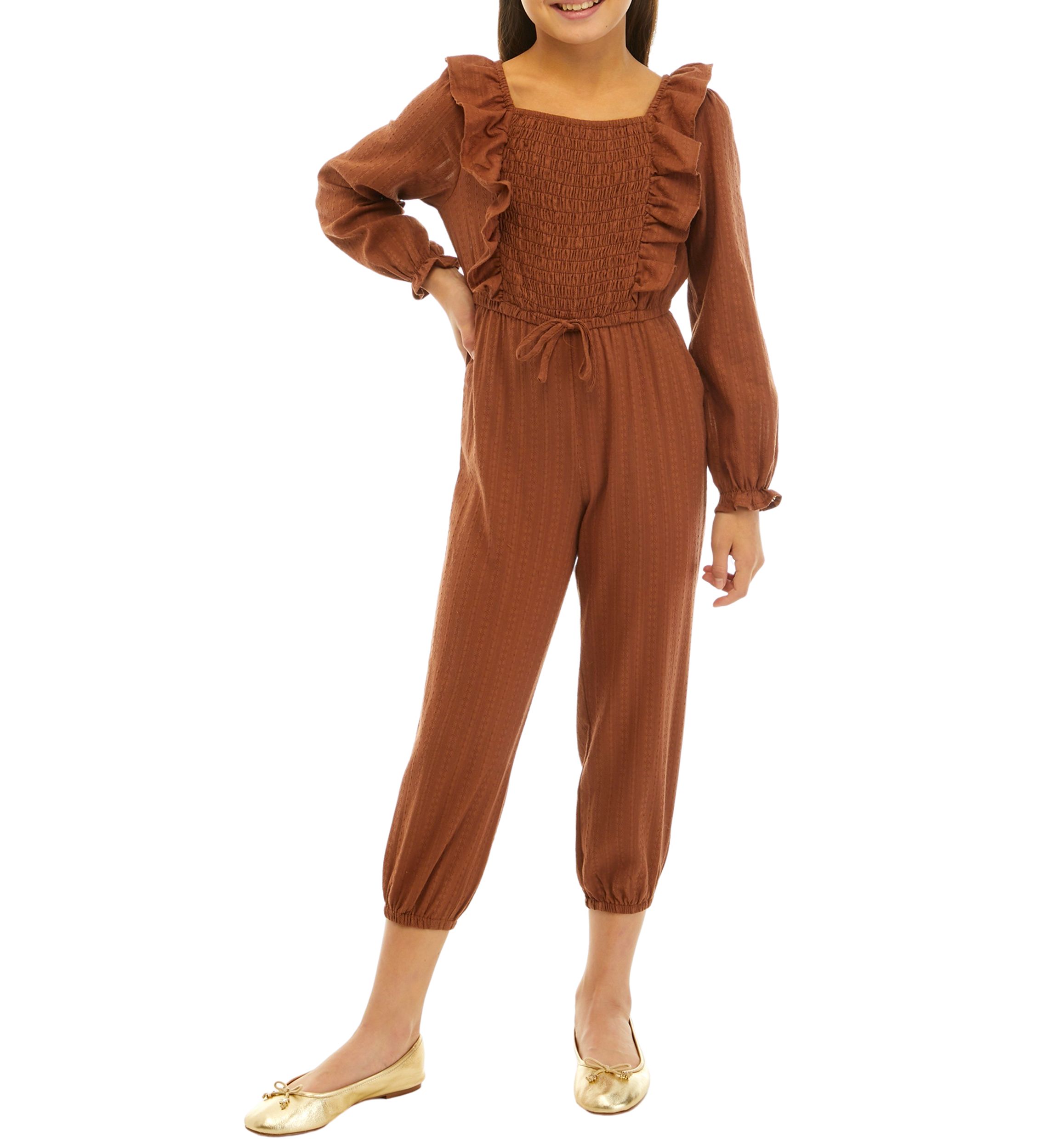Girls 7-16 Long Sleeve Jumpsuit with Shoulder Ruffles