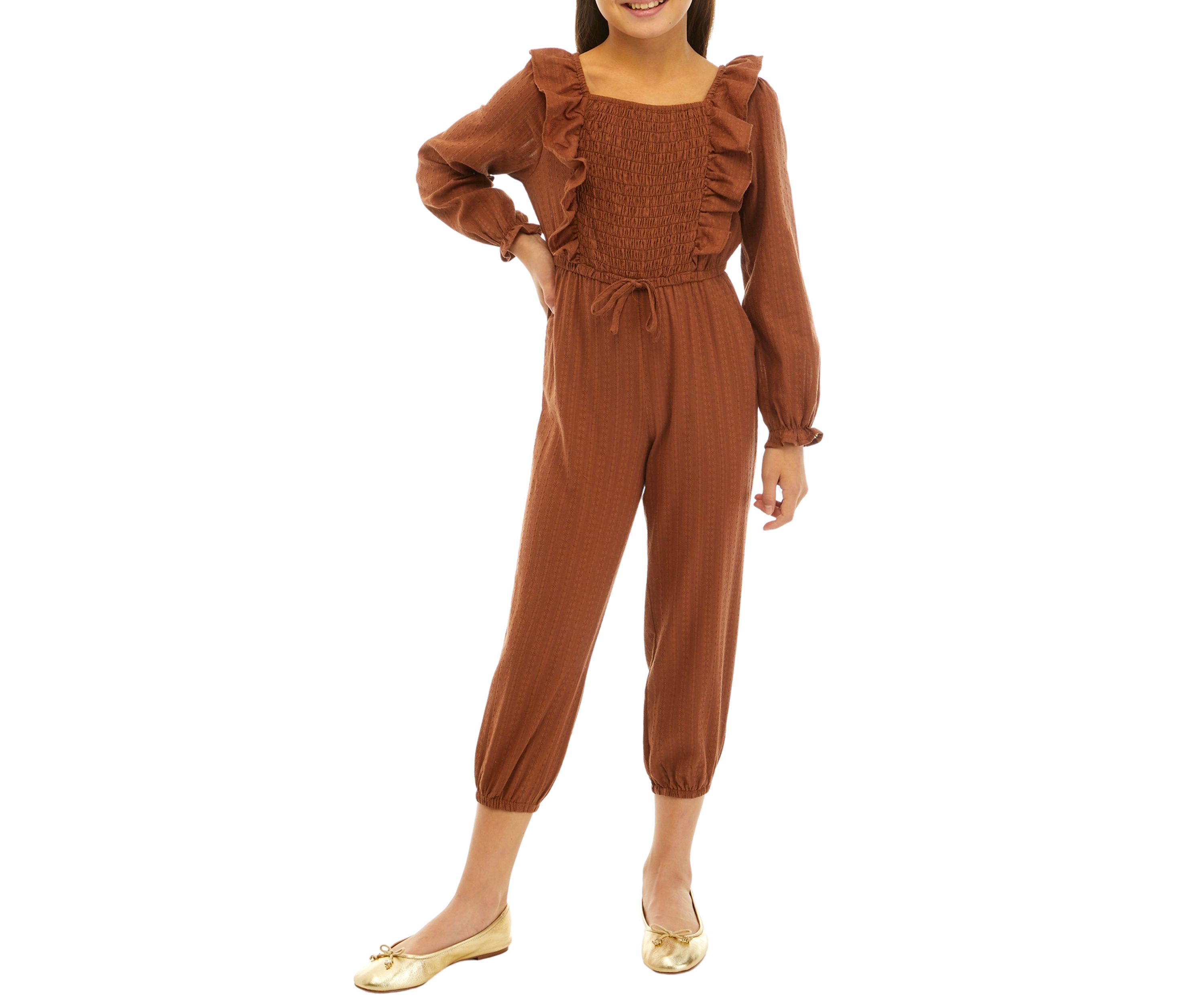 Girls 7-16 Long Sleeve Jumpsuit with Shoulder Ruffles