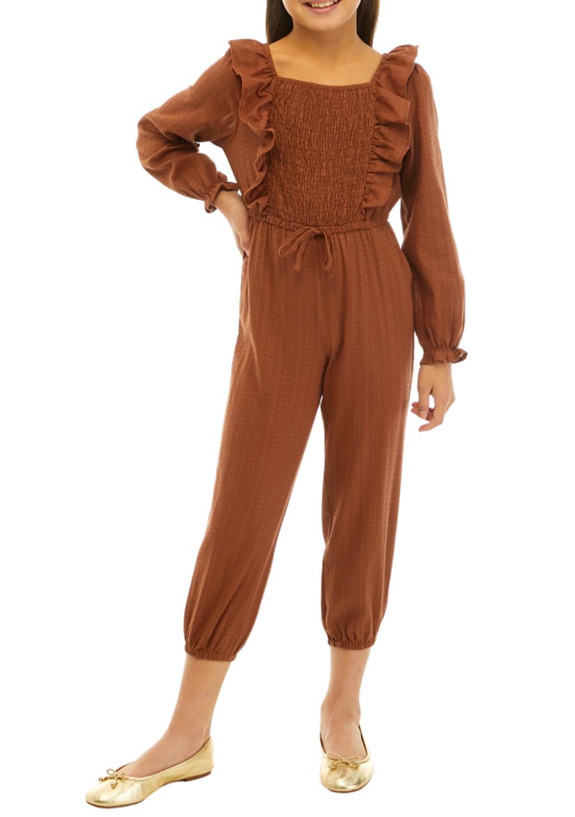 Girls 7-16 Long Sleeve Jumpsuit with Shoulder Ruffles