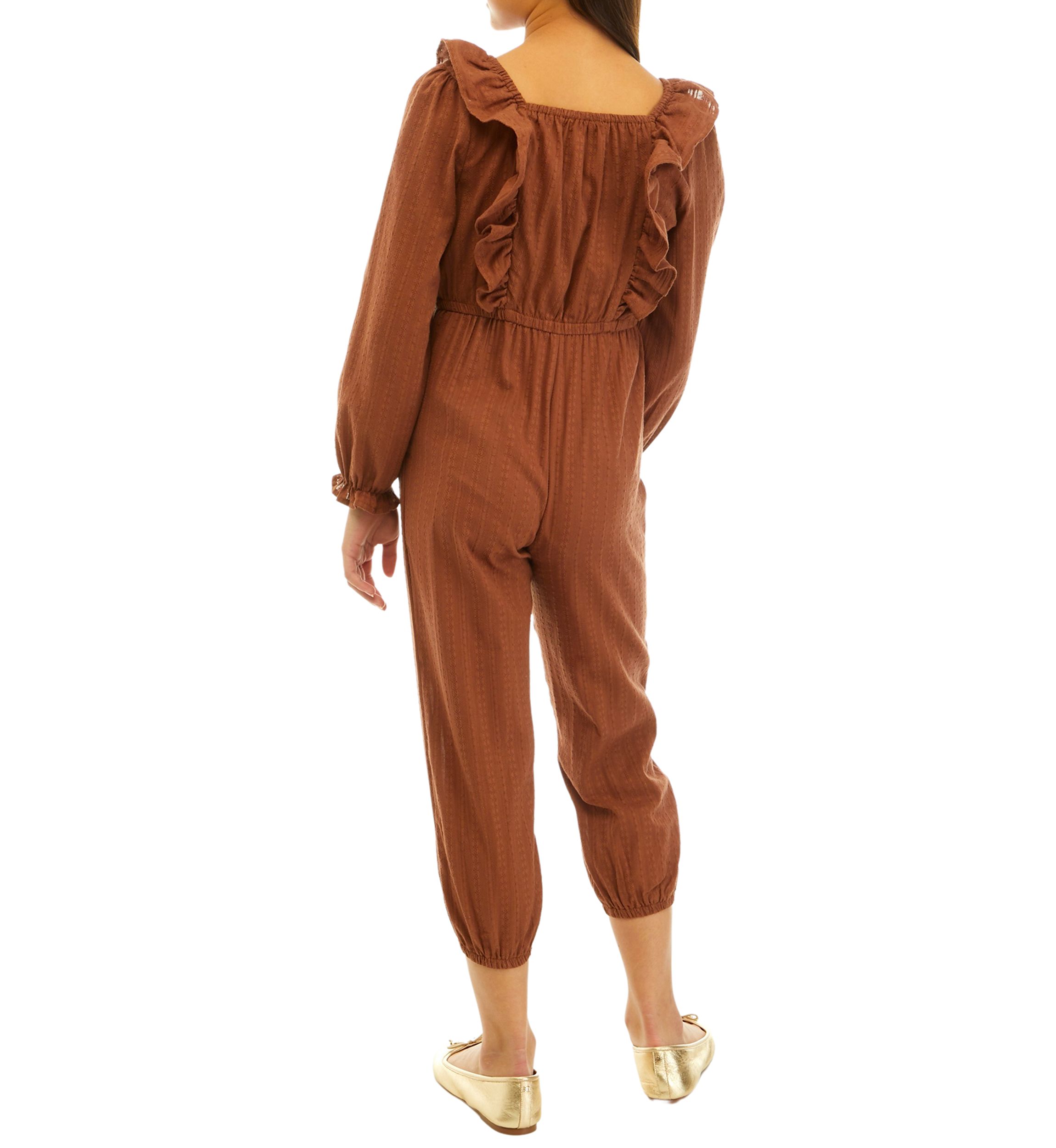 Girls 7-16 Long Sleeve Jumpsuit with Shoulder Ruffles