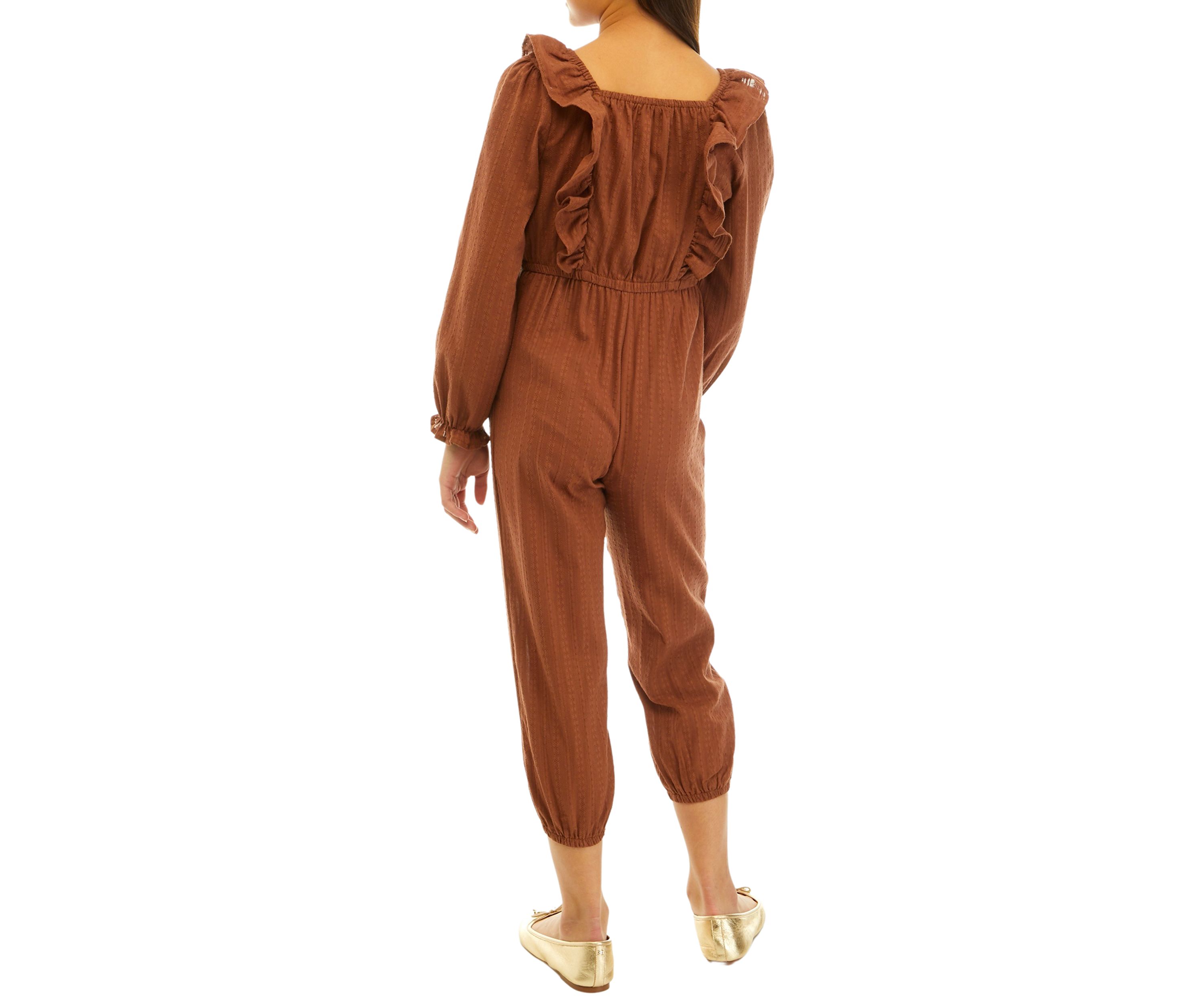 Girls 7-16 Long Sleeve Jumpsuit with Shoulder Ruffles