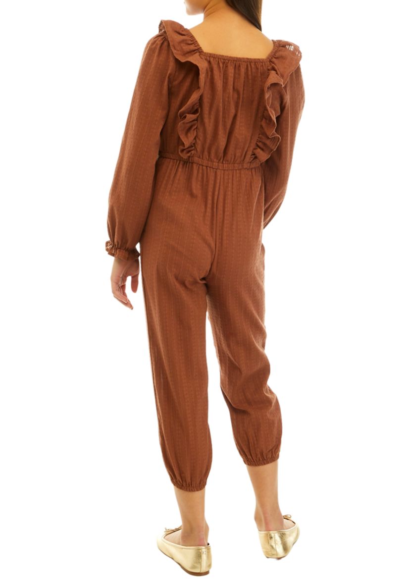 Girls 7-16 Long Sleeve Jumpsuit with Shoulder Ruffles