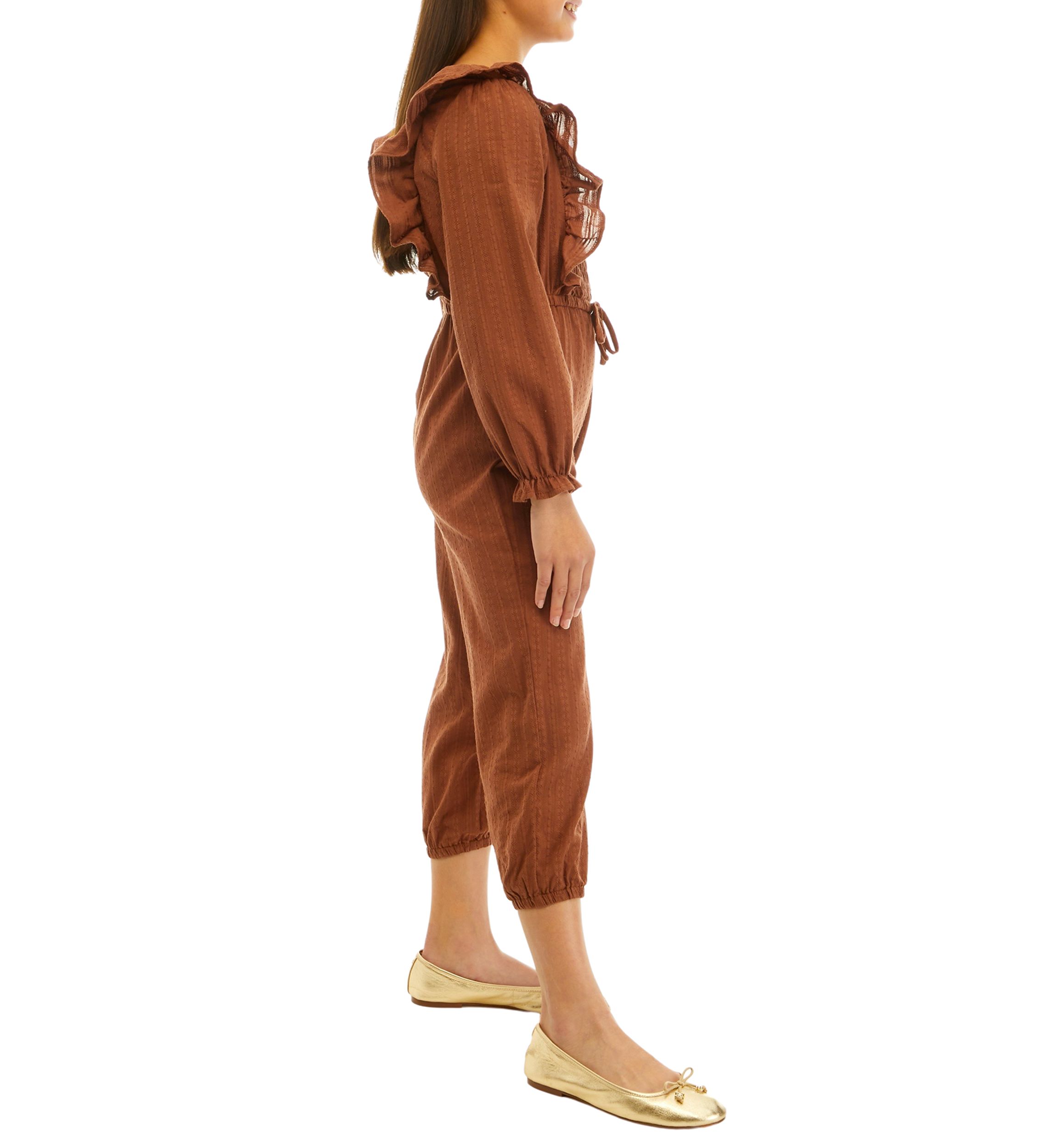 Girls 7-16 Long Sleeve Jumpsuit with Shoulder Ruffles