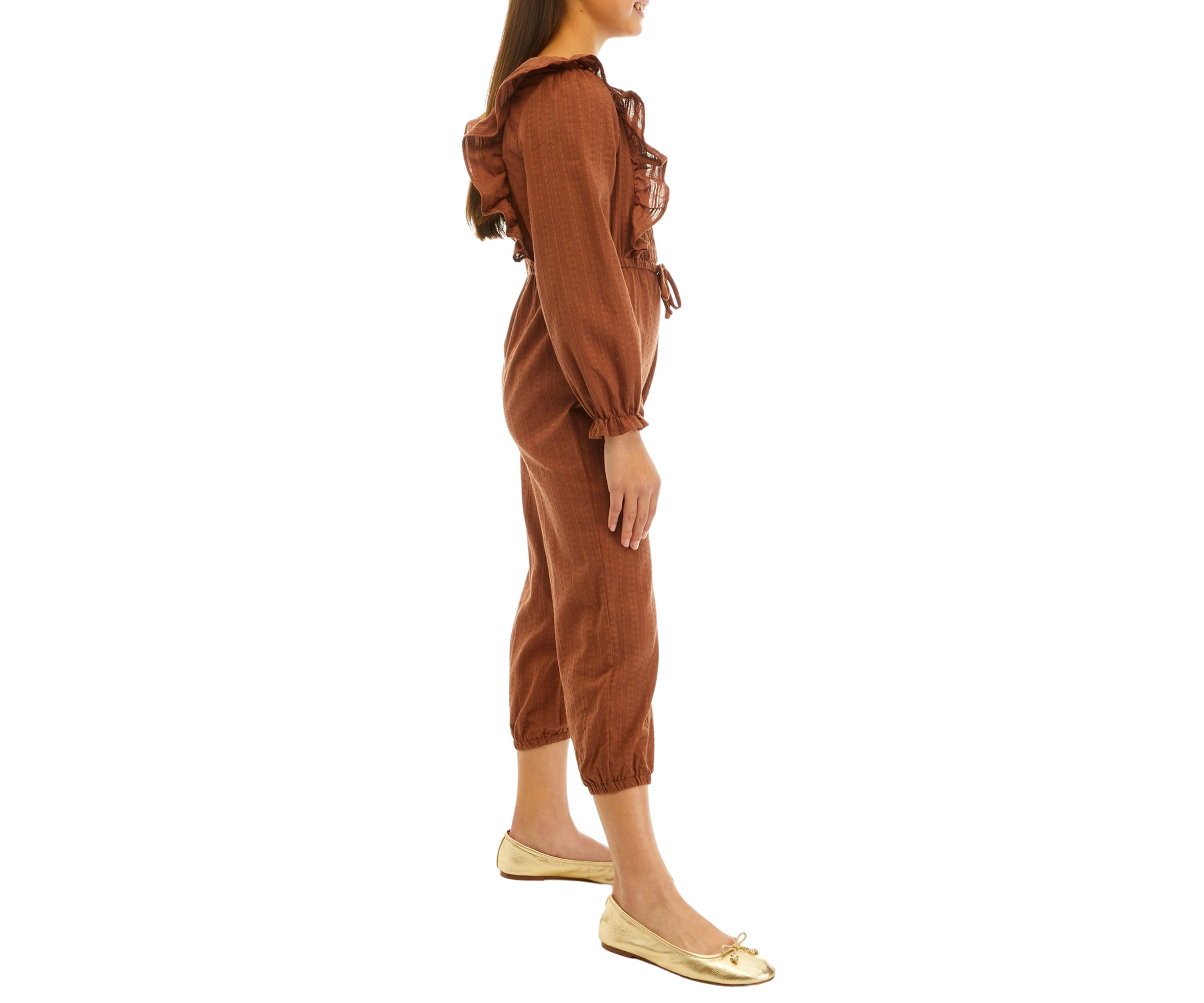 Girls 7-16 Long Sleeve Jumpsuit with Shoulder Ruffles
