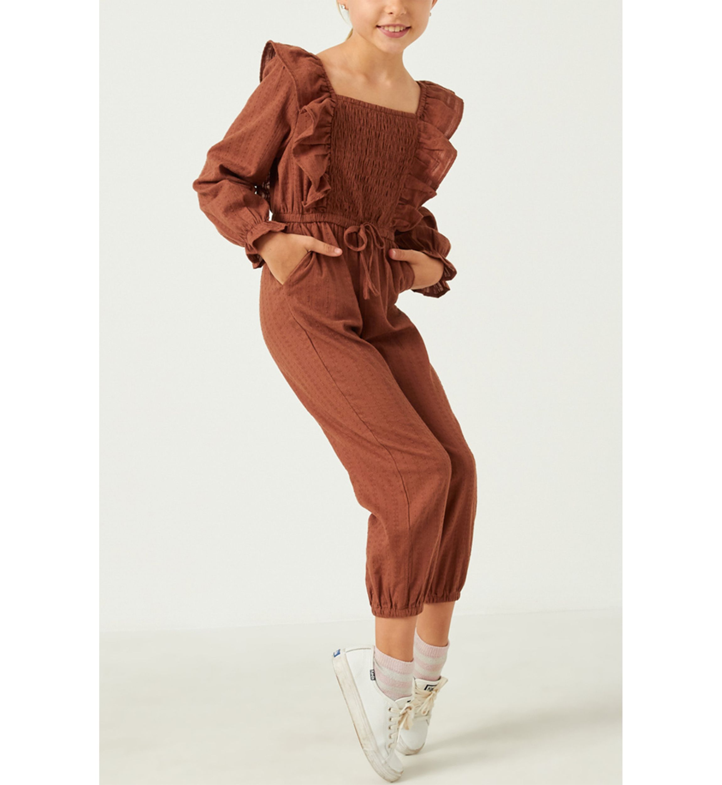 Girls 7-16 Long Sleeve Jumpsuit with Shoulder Ruffles