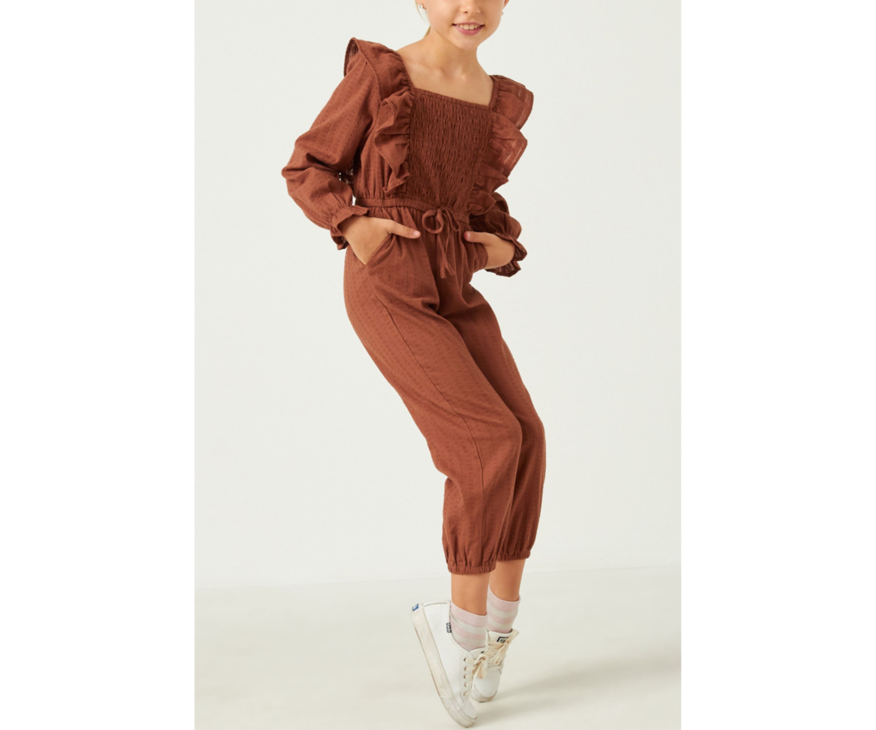 Girls 7-16 Long Sleeve Jumpsuit with Shoulder Ruffles