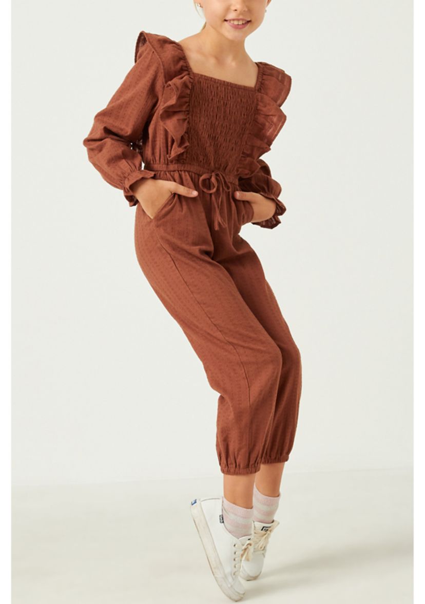 Girls 7-16 Long Sleeve Jumpsuit with Shoulder Ruffles