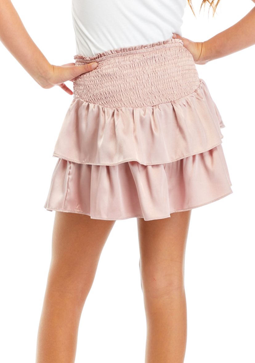 Girls 7-16 Smocked Ruffle Tiered Satin Mini Skort