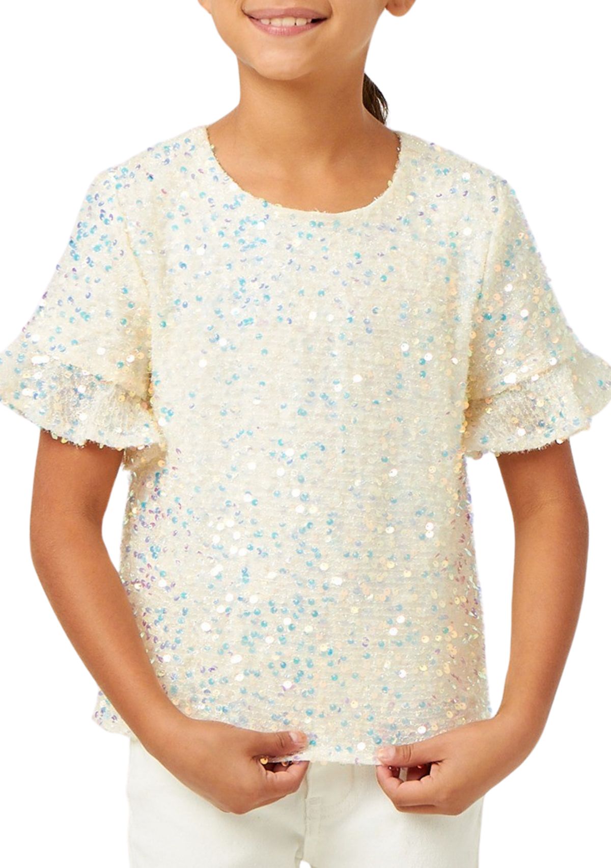 Girls 7-16 Ruffle Sleeve Scoop Neck Sequin Top 