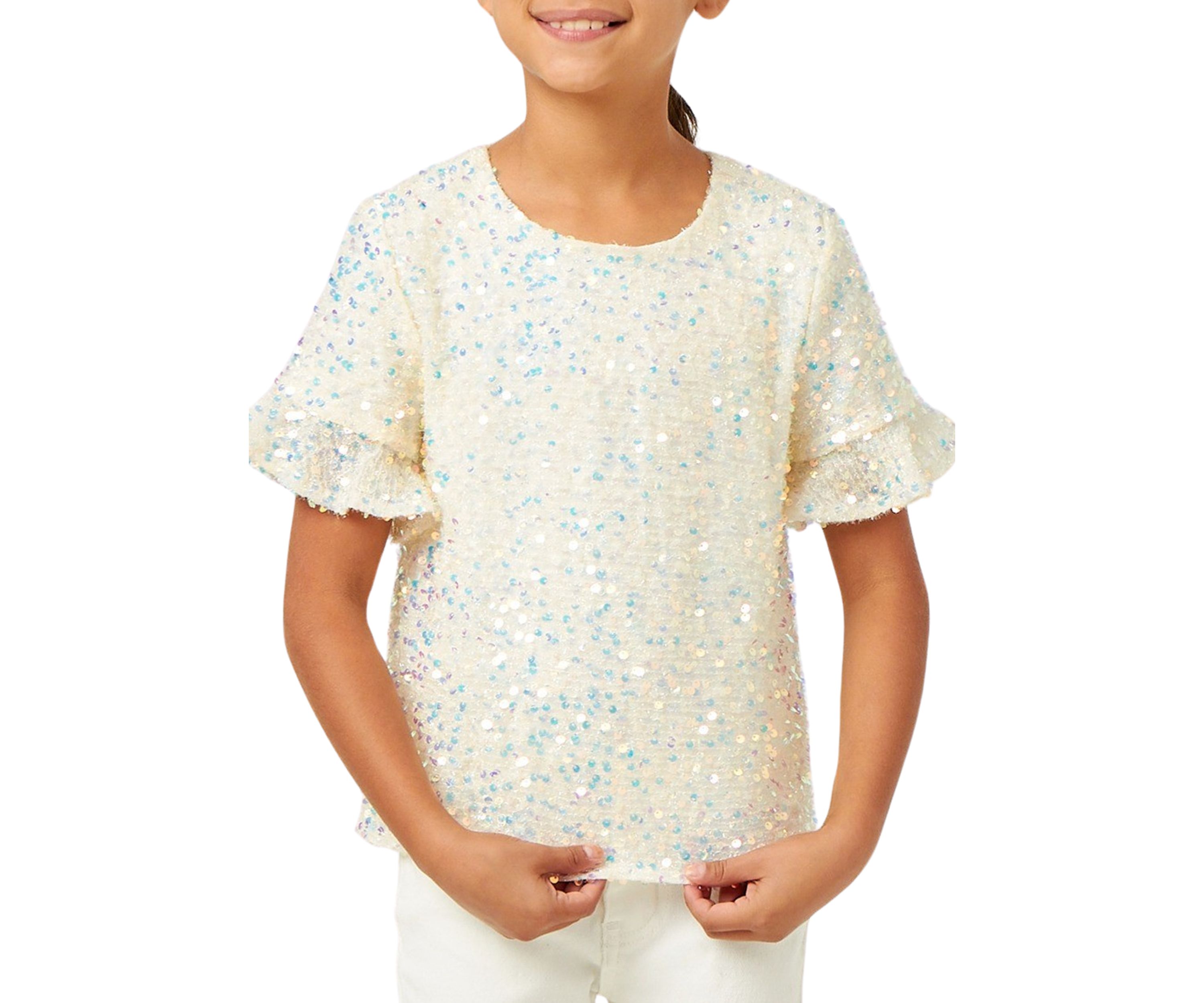 Girls 7-16 Ruffle Sleeve Scoop Neck Sequin Top 