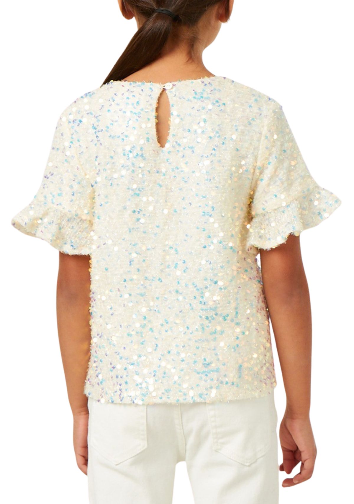 Girls 7-16 Ruffle Sleeve Scoop Neck Sequin Top 