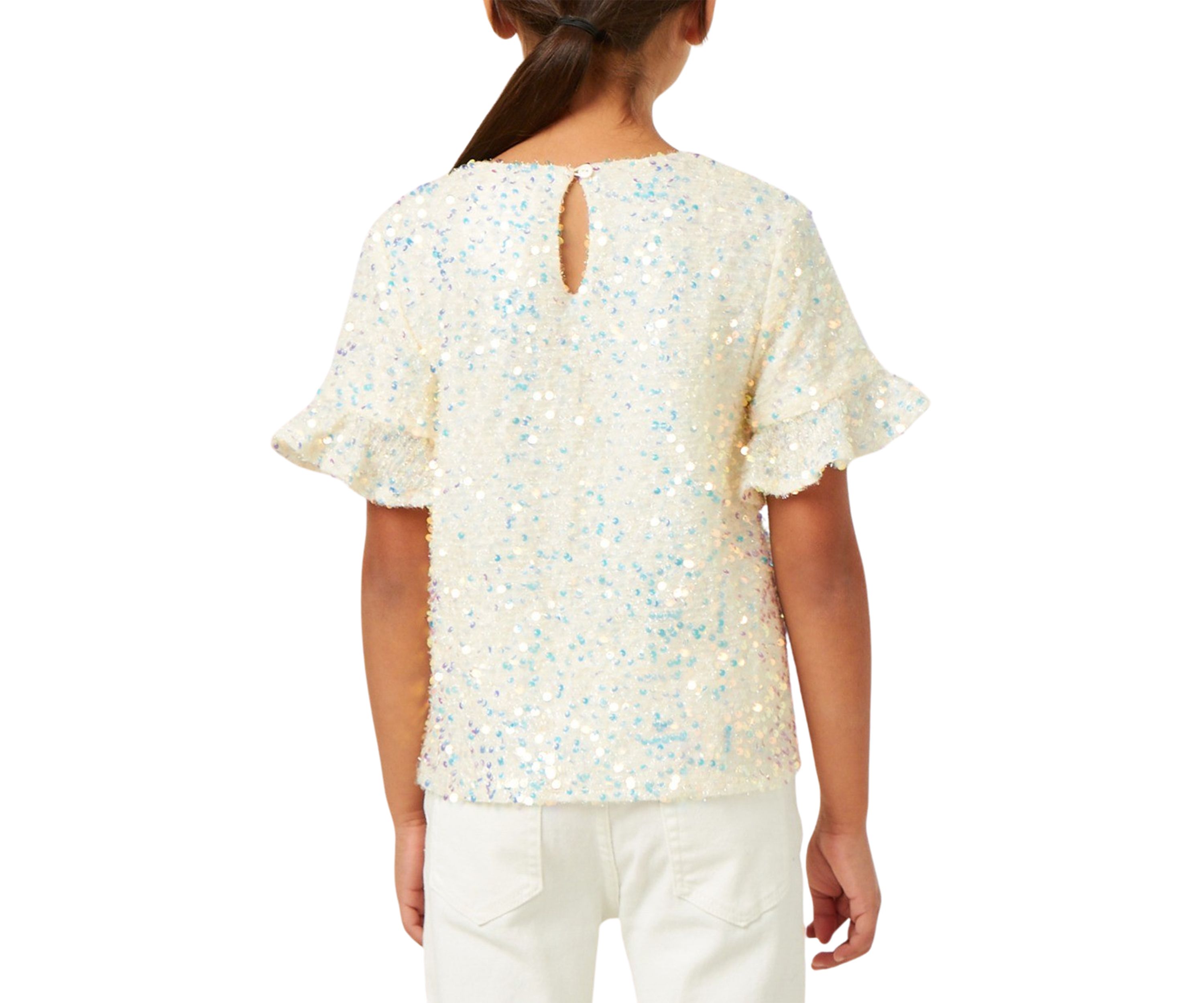 Girls 7-16 Ruffle Sleeve Scoop Neck Sequin Top 