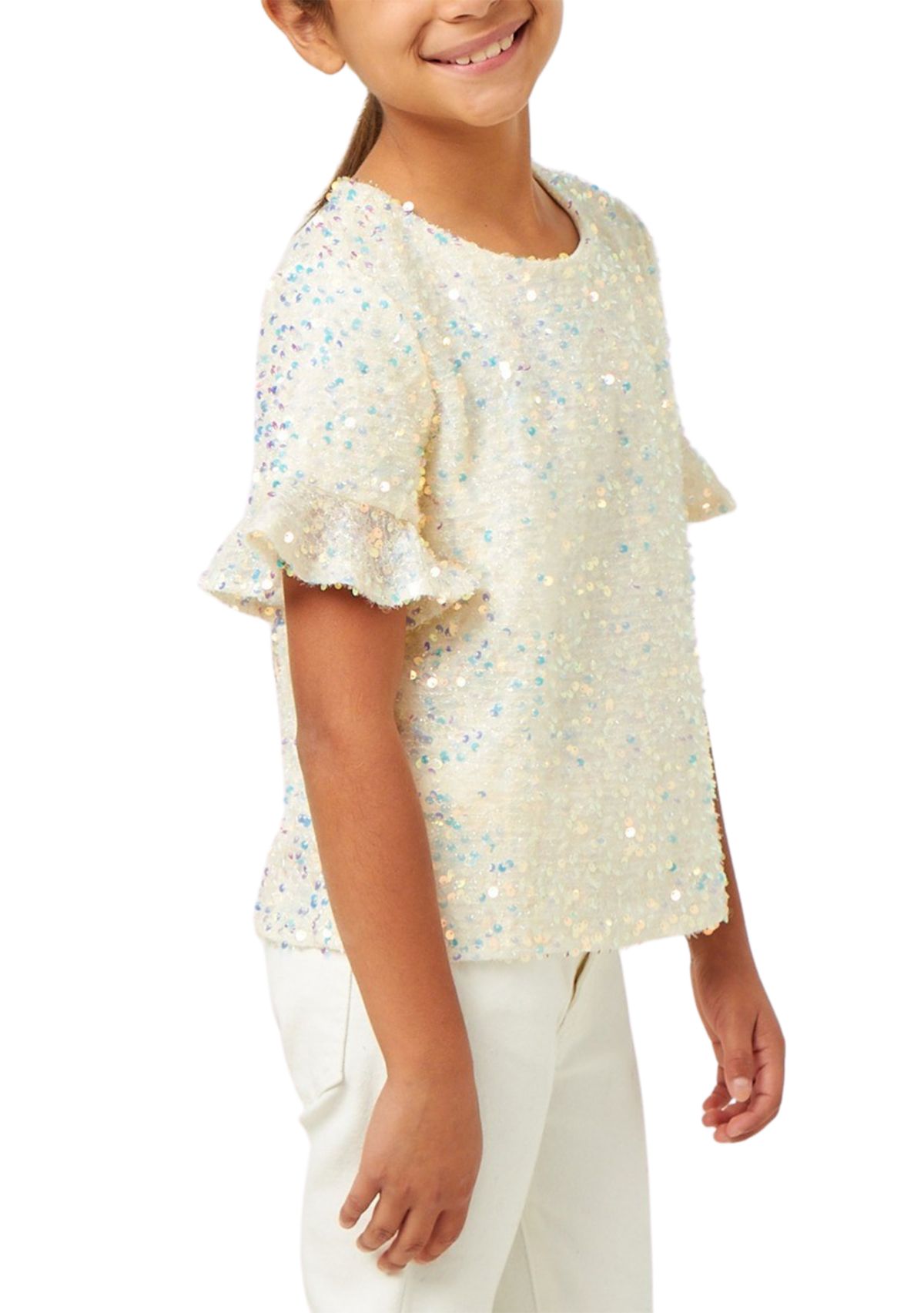 Girls 7-16 Ruffle Sleeve Scoop Neck Sequin Top 