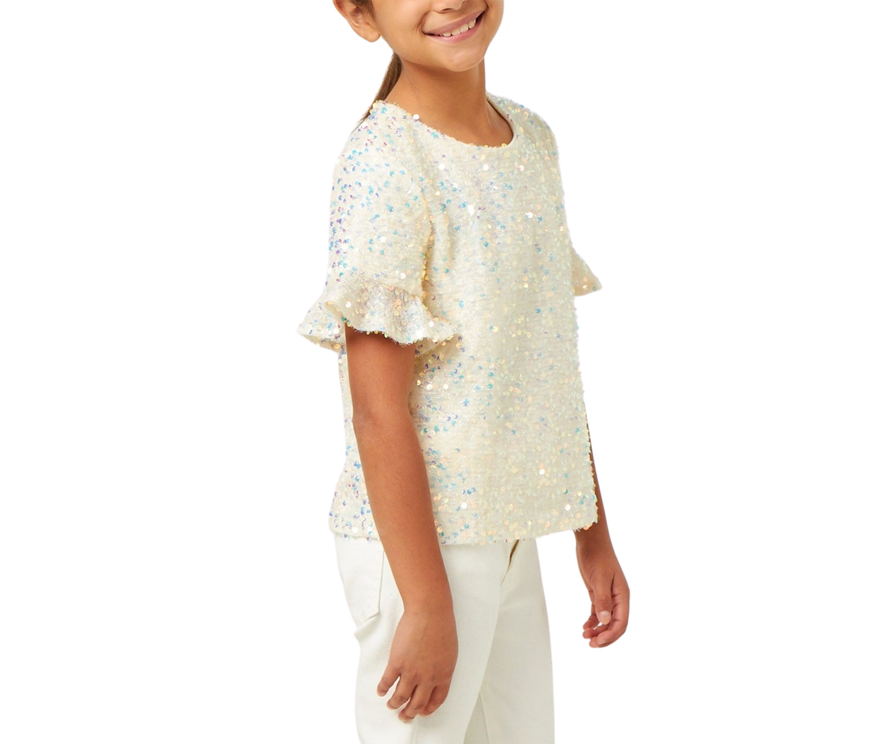 Girls 7-16 Ruffle Sleeve Scoop Neck Sequin Top 