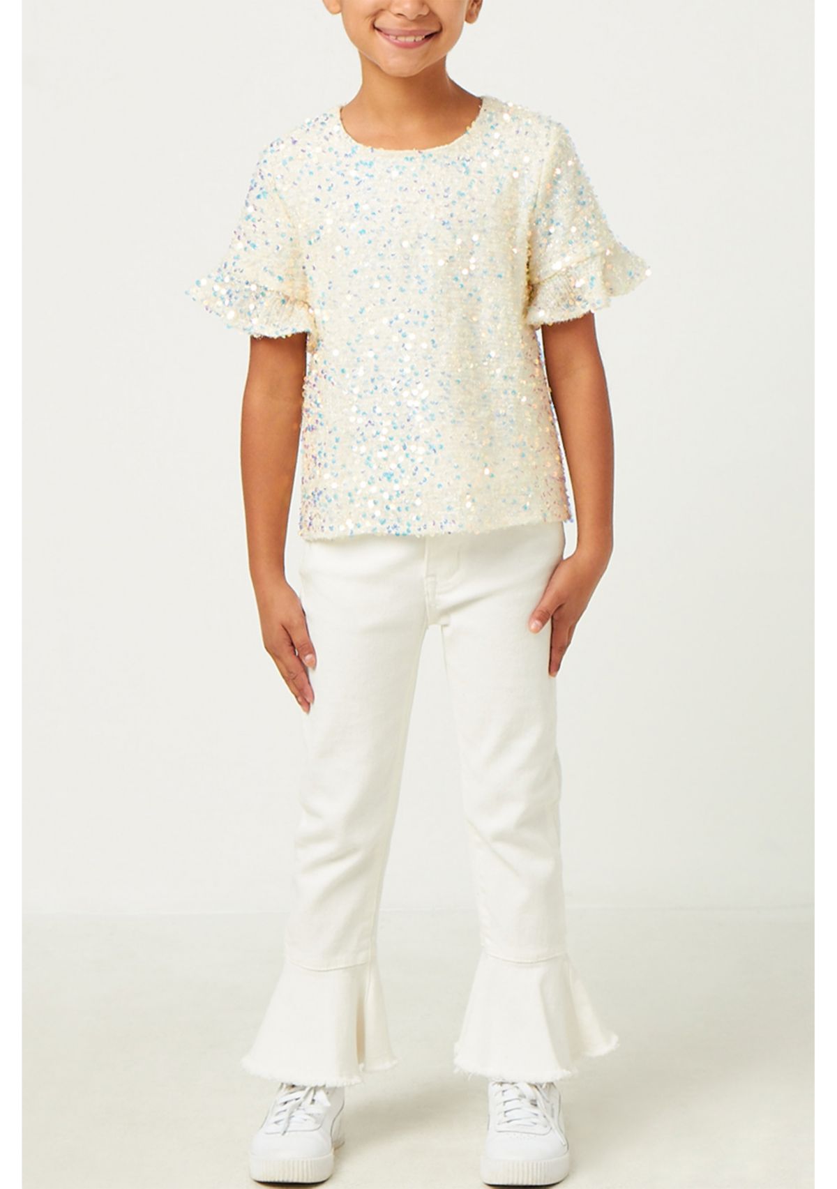 Girls 7-16 Ruffle Sleeve Scoop Neck Sequin Top 