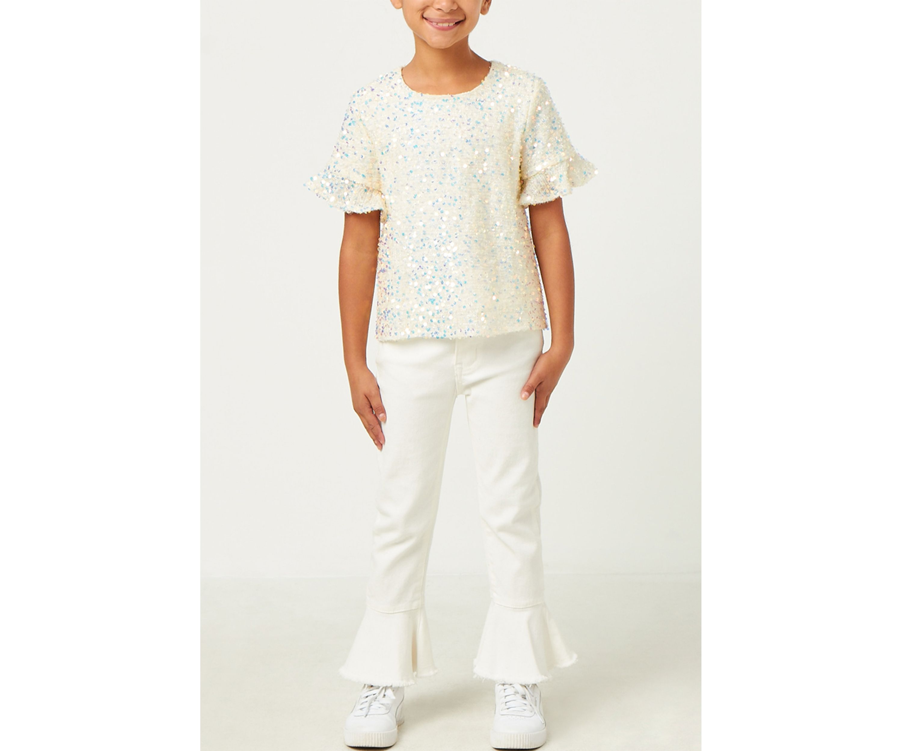 Girls 7-16 Ruffle Sleeve Scoop Neck Sequin Top 
