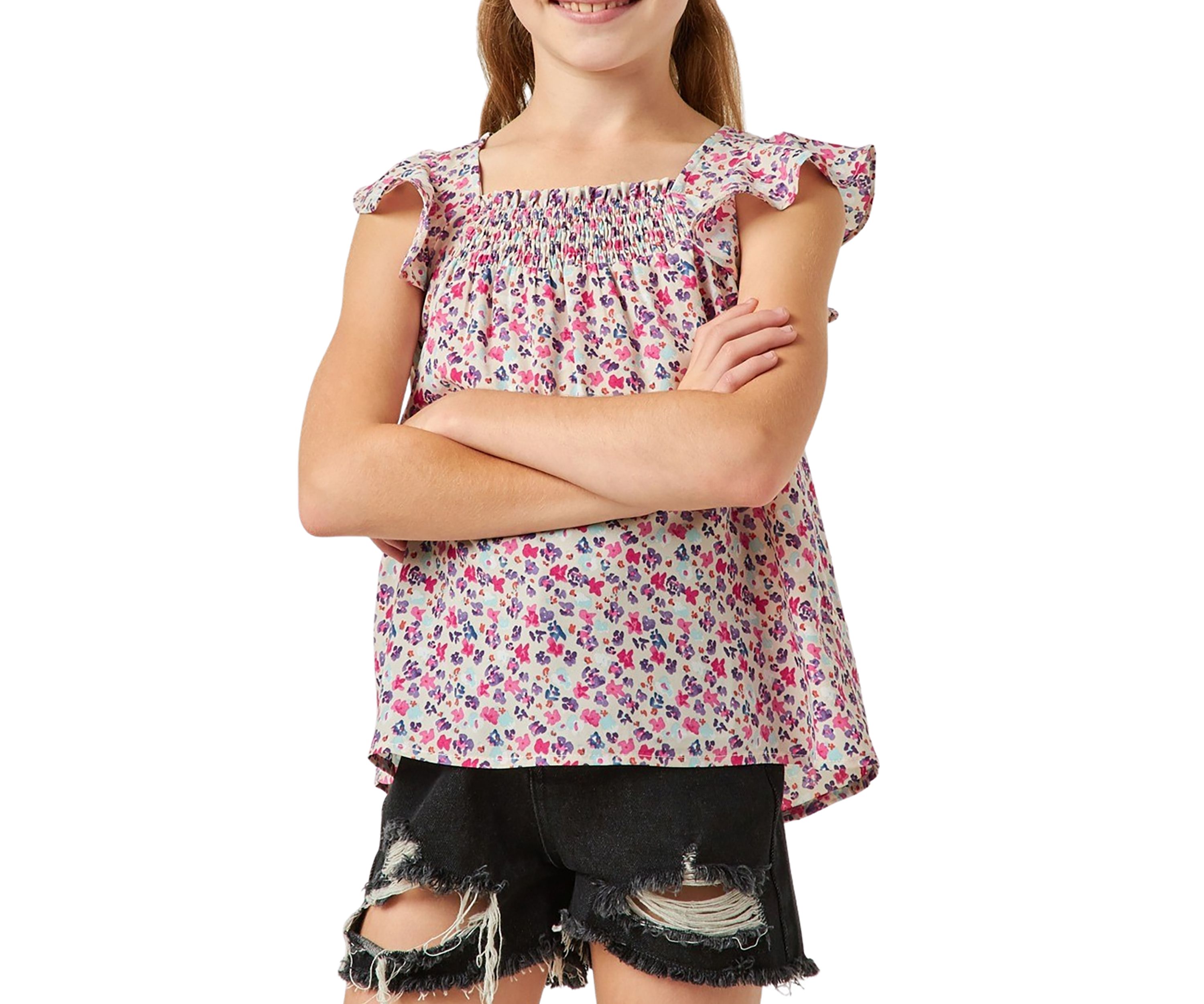 Girls 7-16 Ditsy Floral Smocked Detail Top