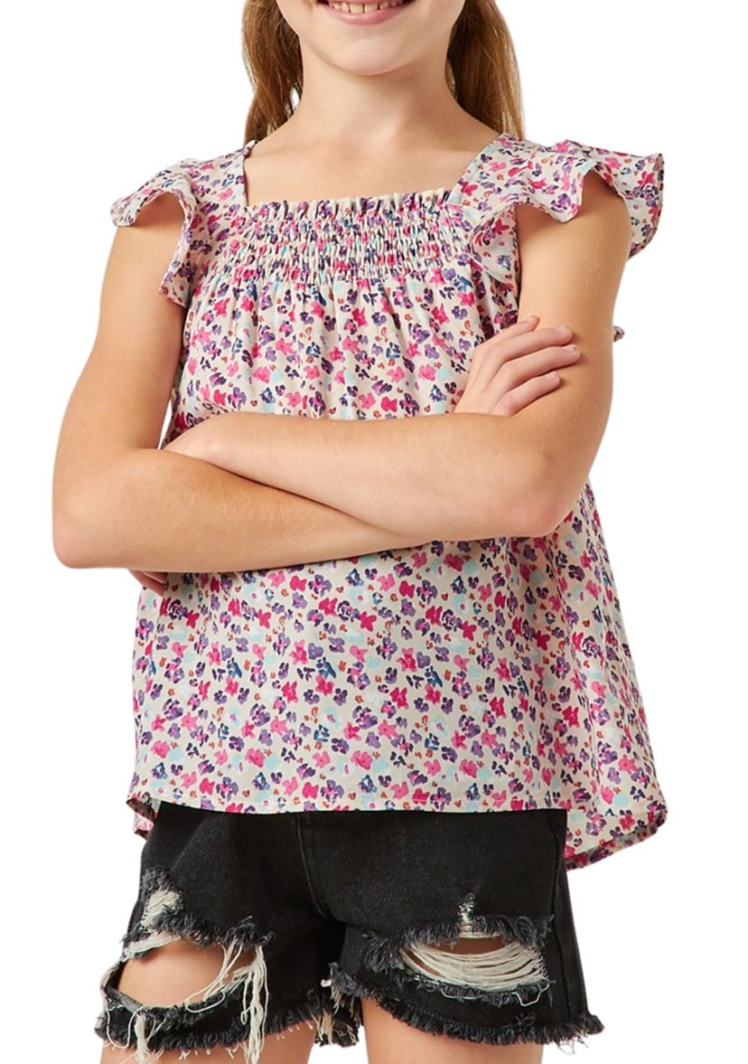 Girls 7-16 Ditsy Floral Smocked Detail Top
