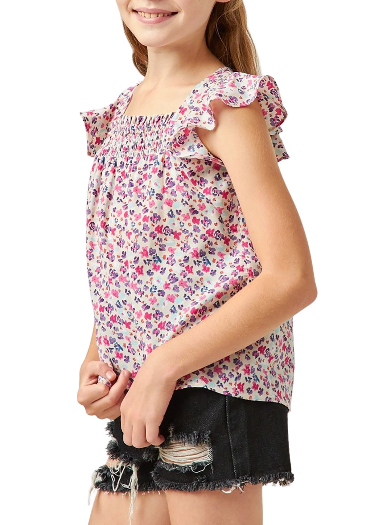 Girls 7-16 Ditsy Floral Smocked Detail Top
