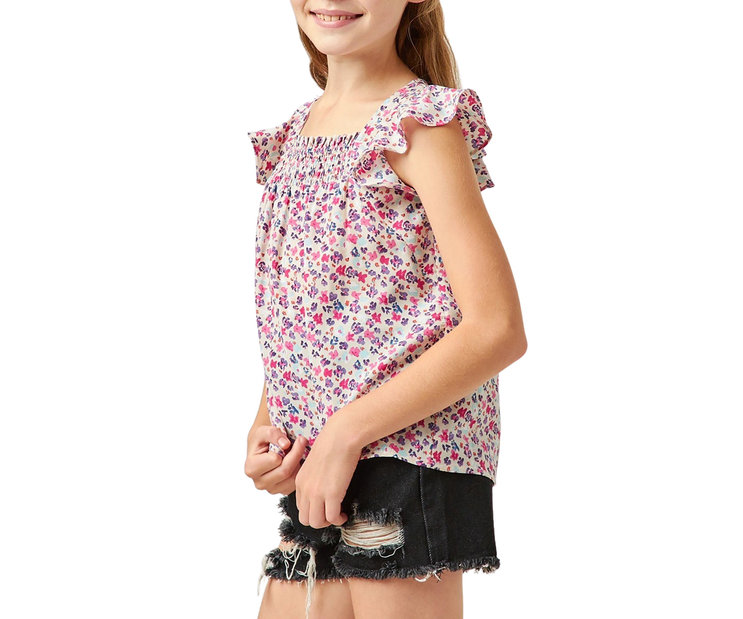 Girls 7-16 Ditsy Floral Smocked Detail Top