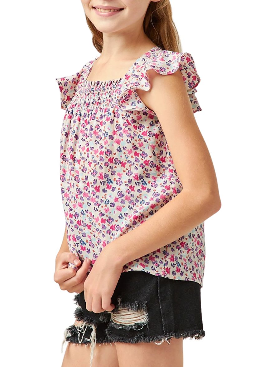 Girls 7-16 Ditsy Floral Smocked Detail Top