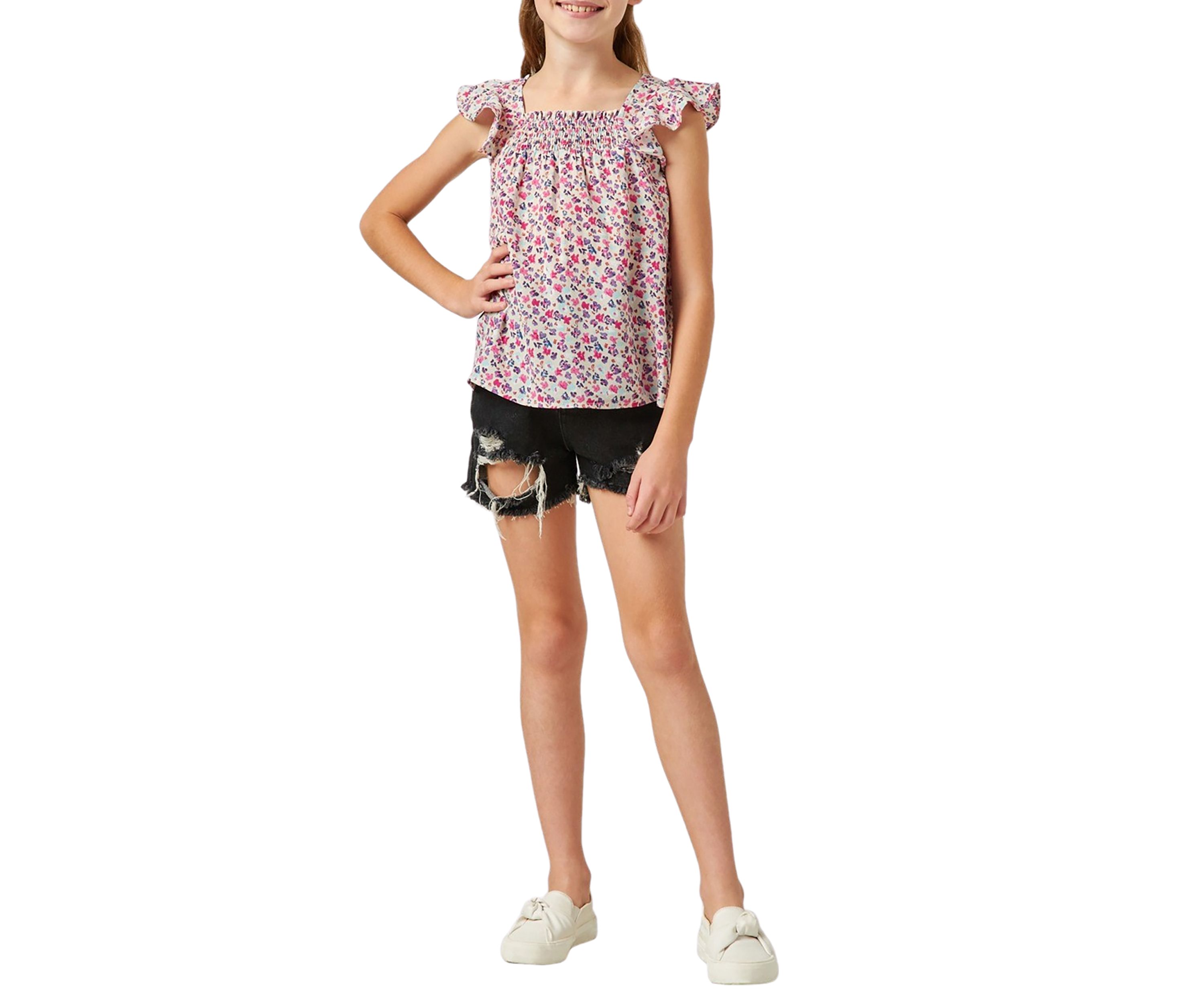 Girls 7-16 Ditsy Floral Smocked Detail Top