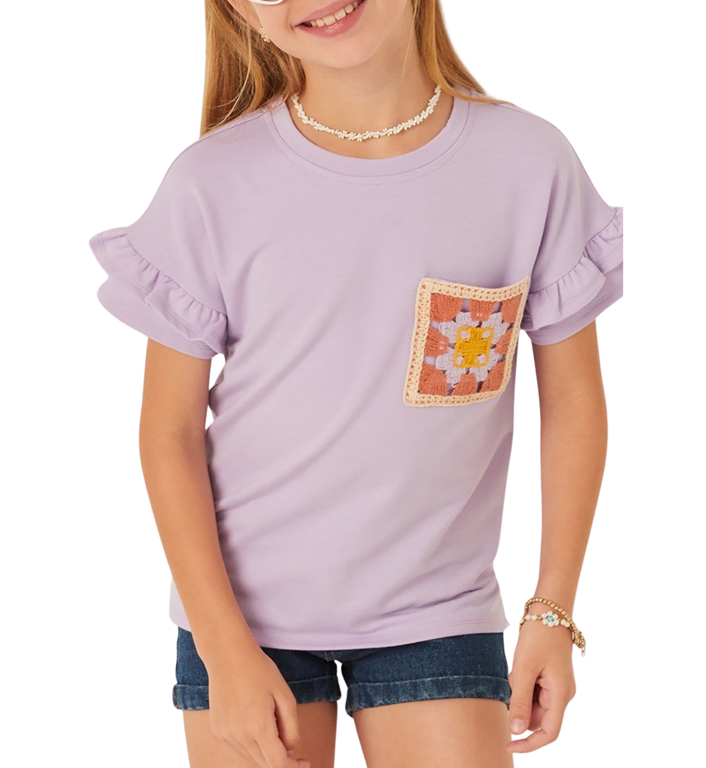 Girls 7-16 Crochet French Terry Ruffle Top