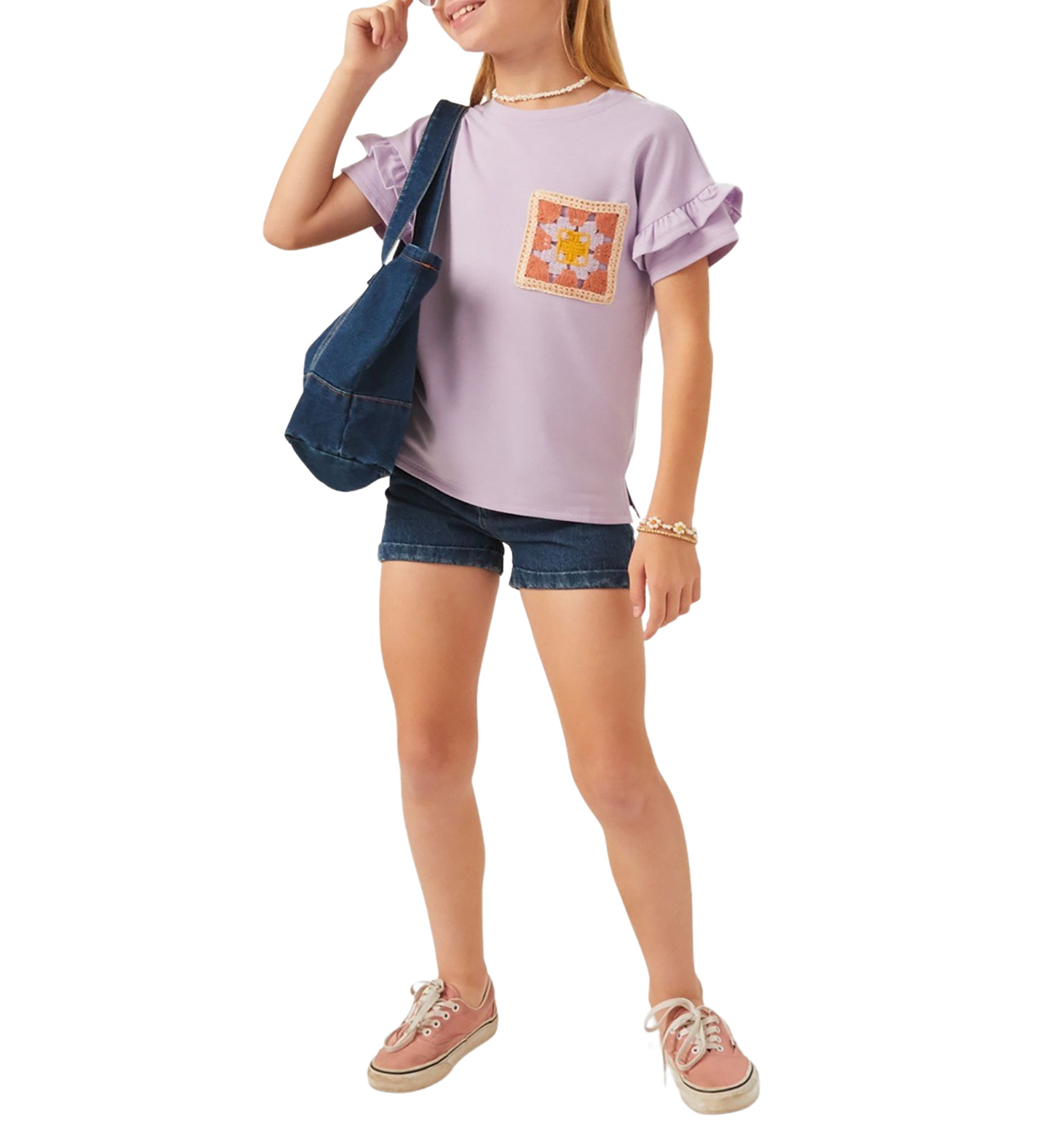 Girls 7-16 Crochet French Terry Ruffle Top