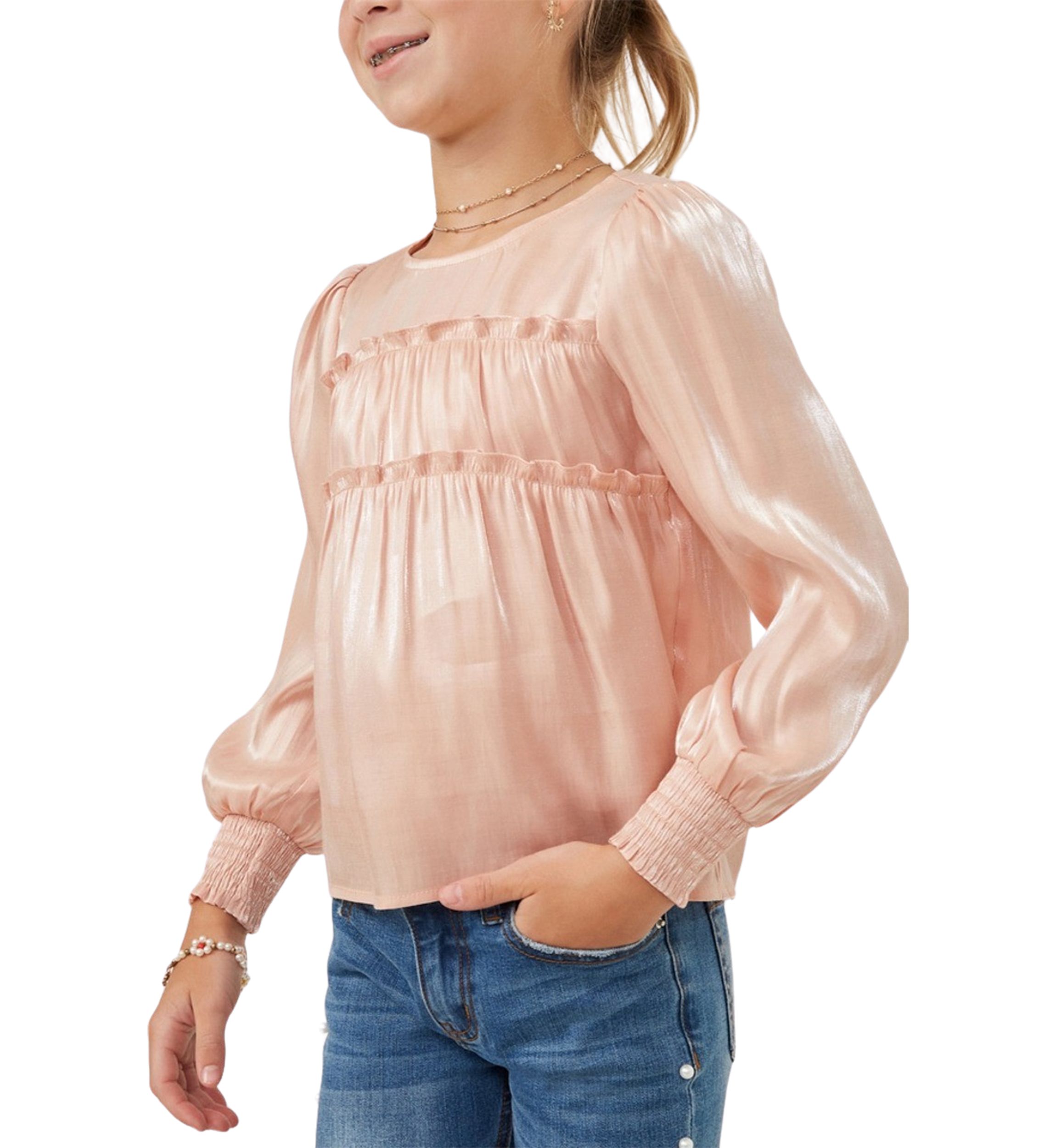 Girls 7-16 Iridescent Ruffled Smocked Cuff Top