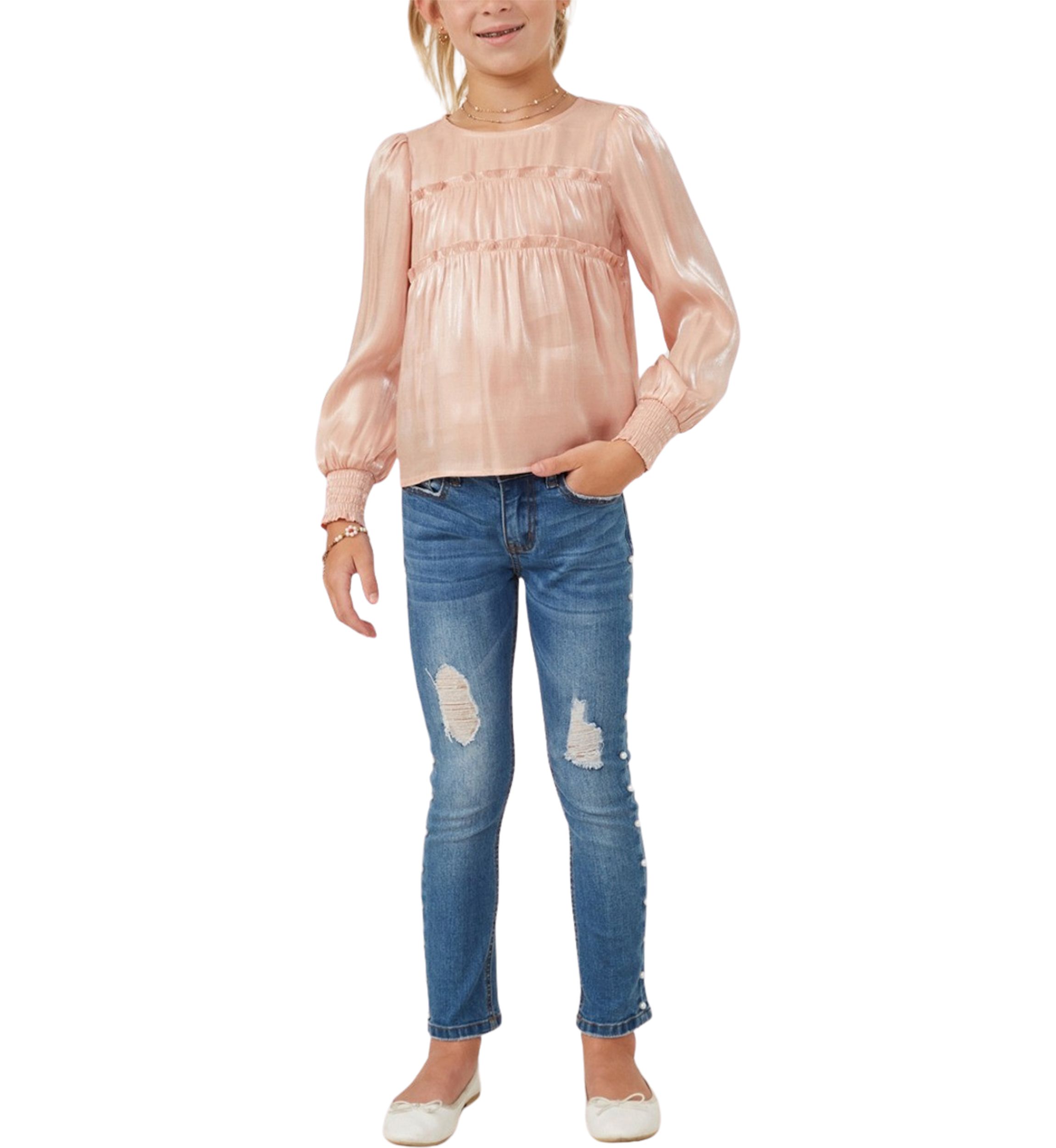 Girls 7-16 Iridescent Ruffled Smocked Cuff Top