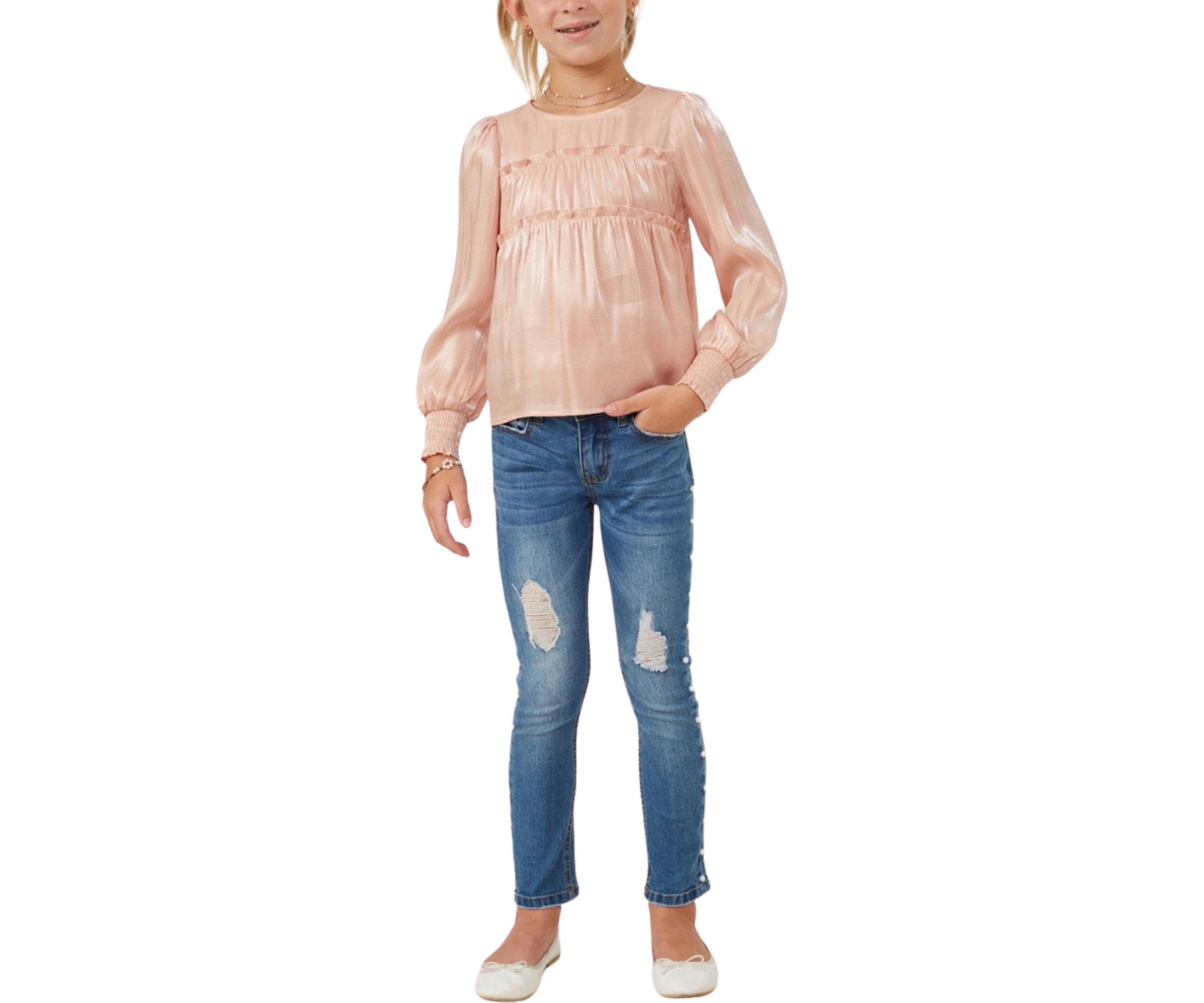 Girls 7-16 Iridescent Ruffled Smocked Cuff Top