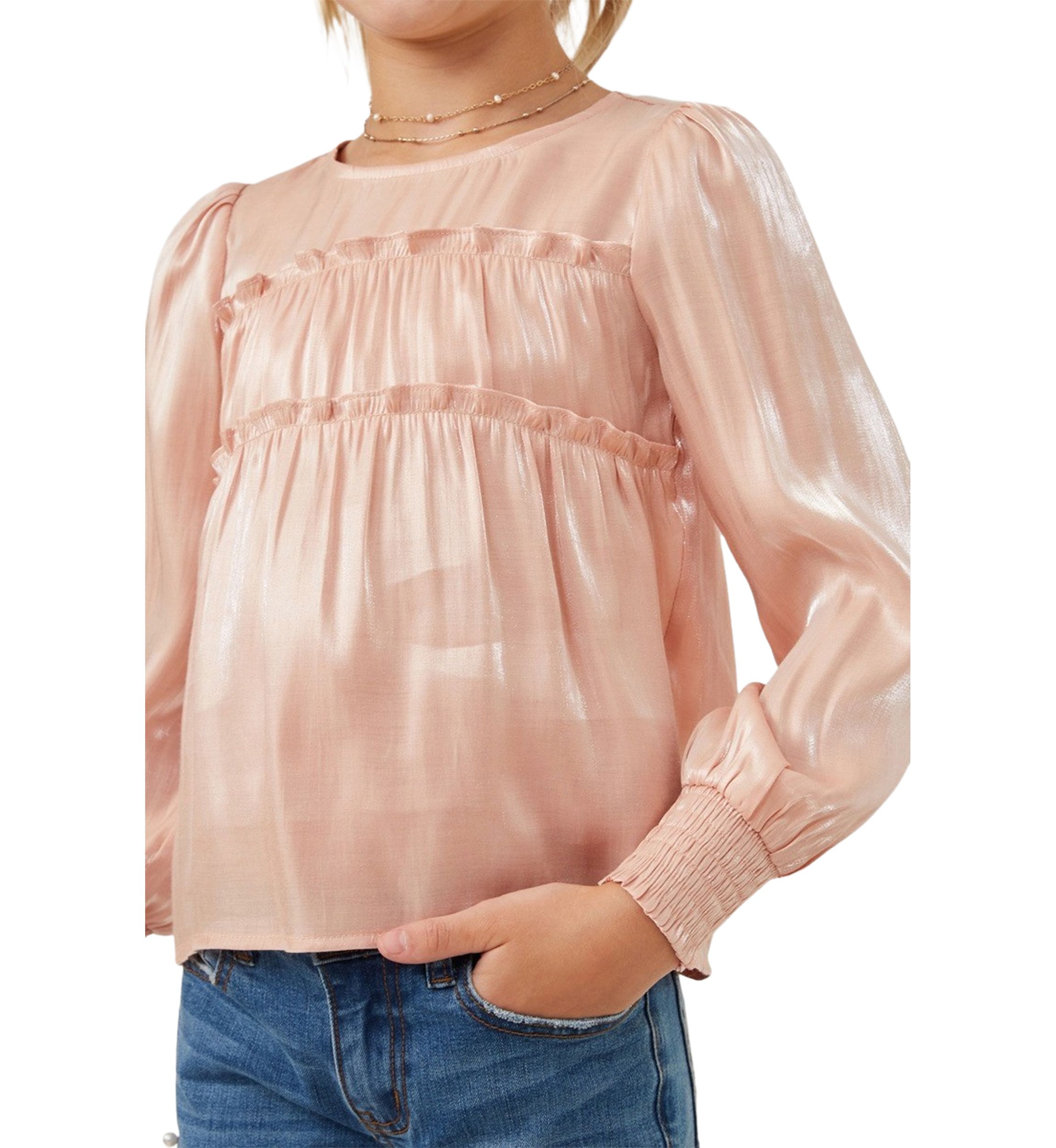 Girls 7-16 Iridescent Ruffled Smocked Cuff Top