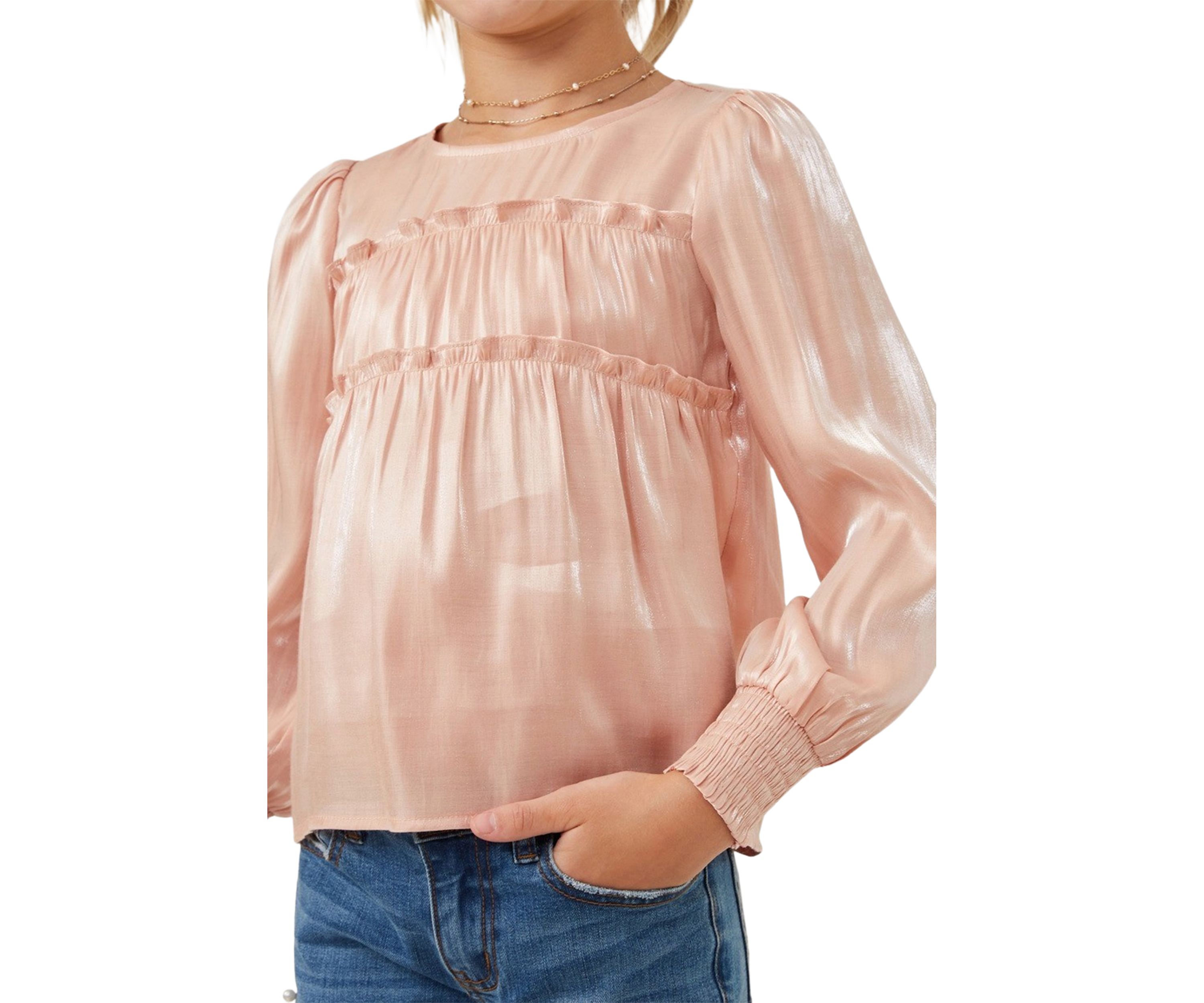 Girls 7-16 Iridescent Ruffled Smocked Cuff Top