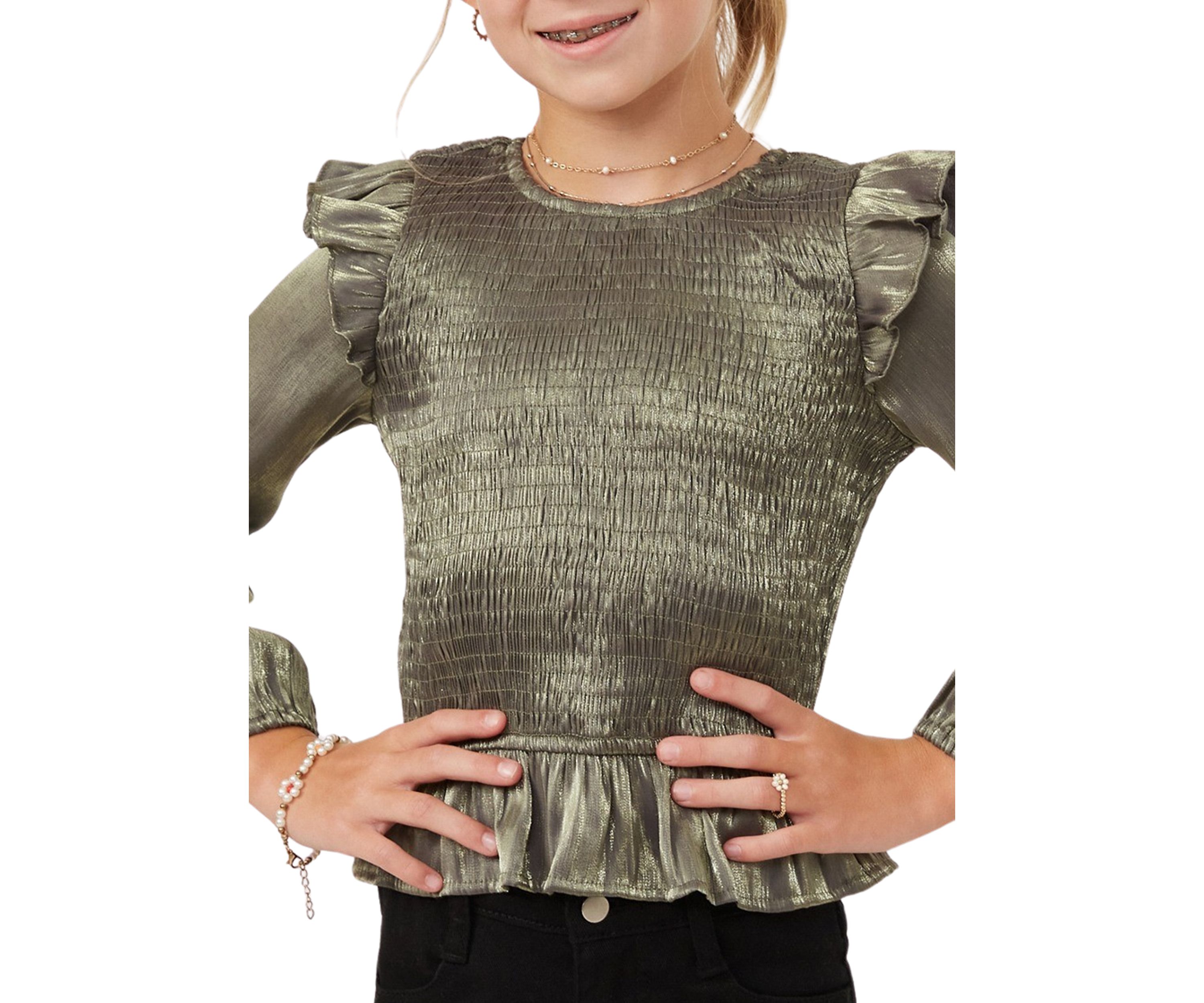 Girls 7-16 Crushed Satin Smocked Ruffle Shoulder Top 