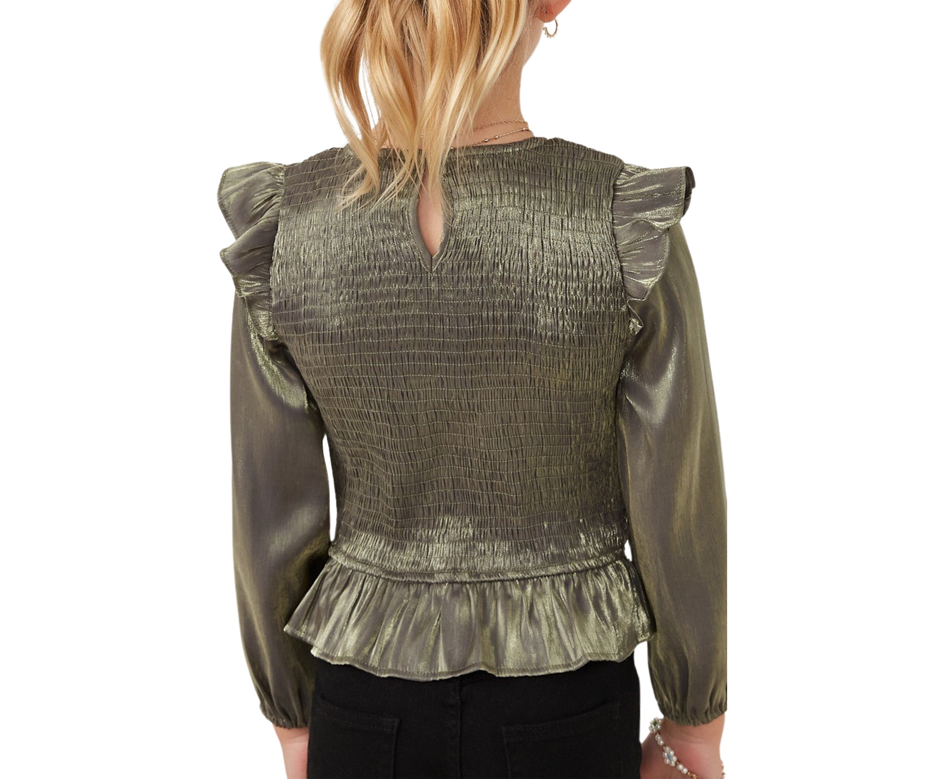 Girls 7-16 Crushed Satin Smocked Ruffle Shoulder Top 