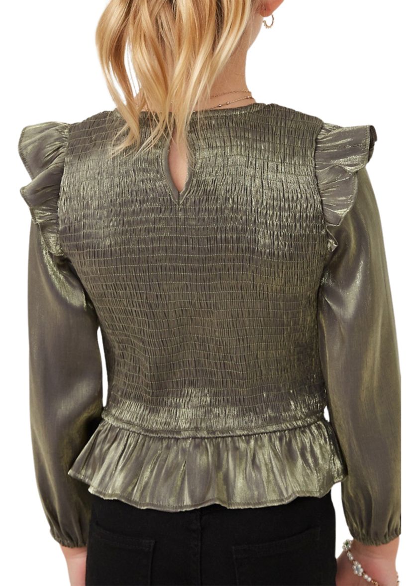 Girls 7-16 Crushed Satin Smocked Ruffle Shoulder Top 