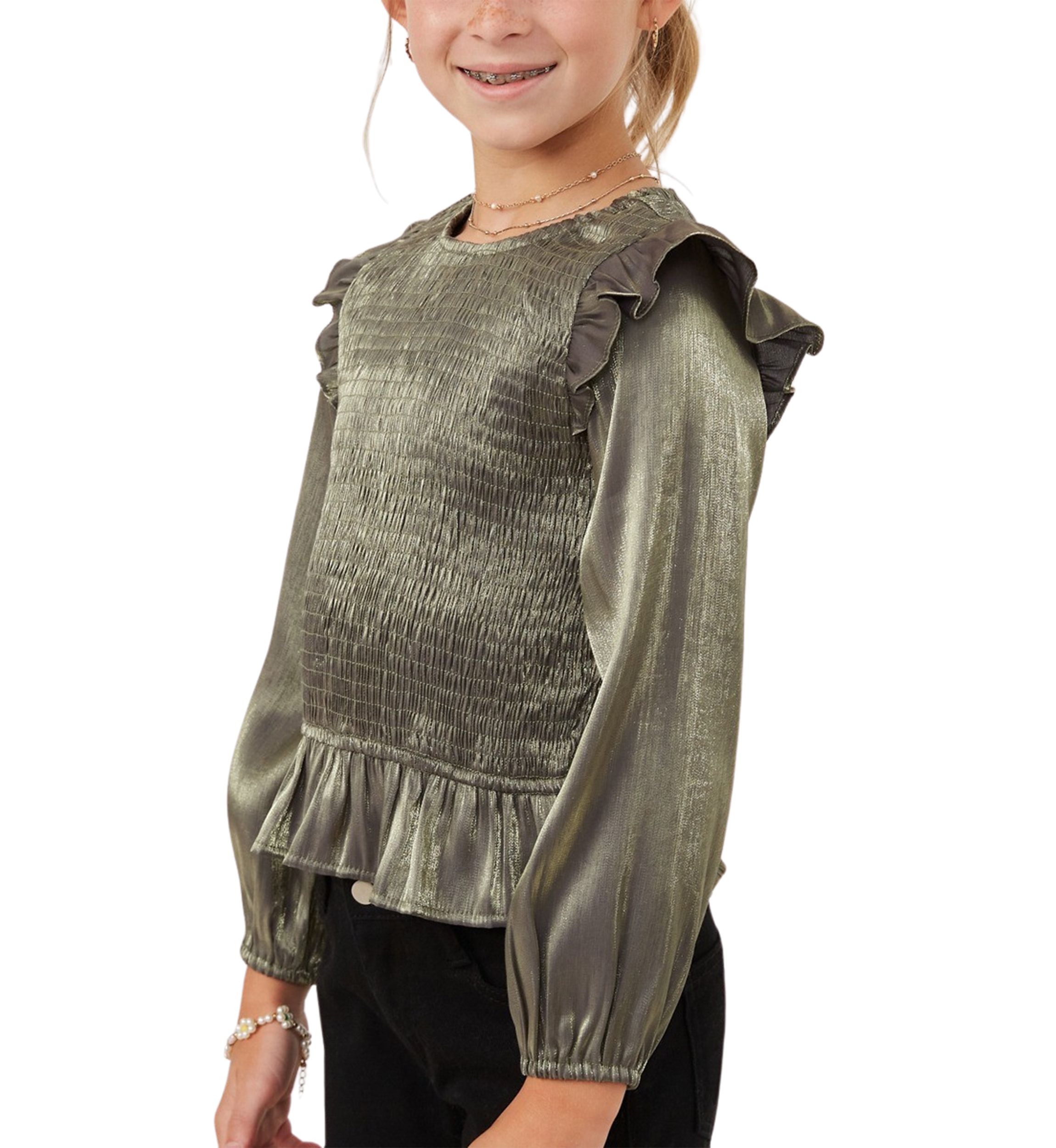 Girls 7-16 Crushed Satin Smocked Ruffle Shoulder Top 