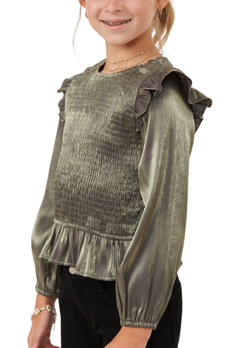 Girls 7-16 Crushed Satin Smocked Ruffle Shoulder Top 
