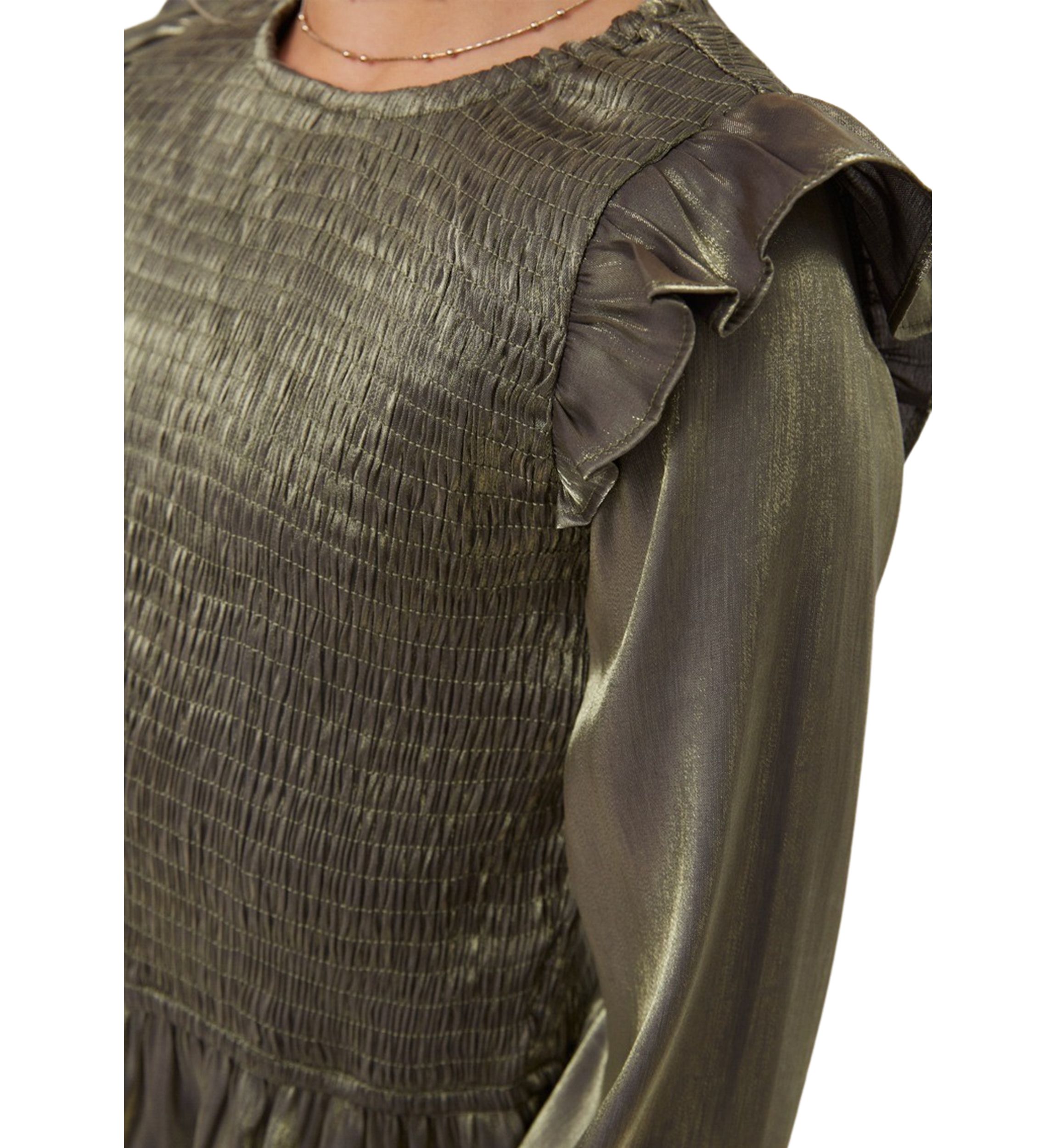 Girls 7-16 Crushed Satin Smocked Ruffle Shoulder Top 