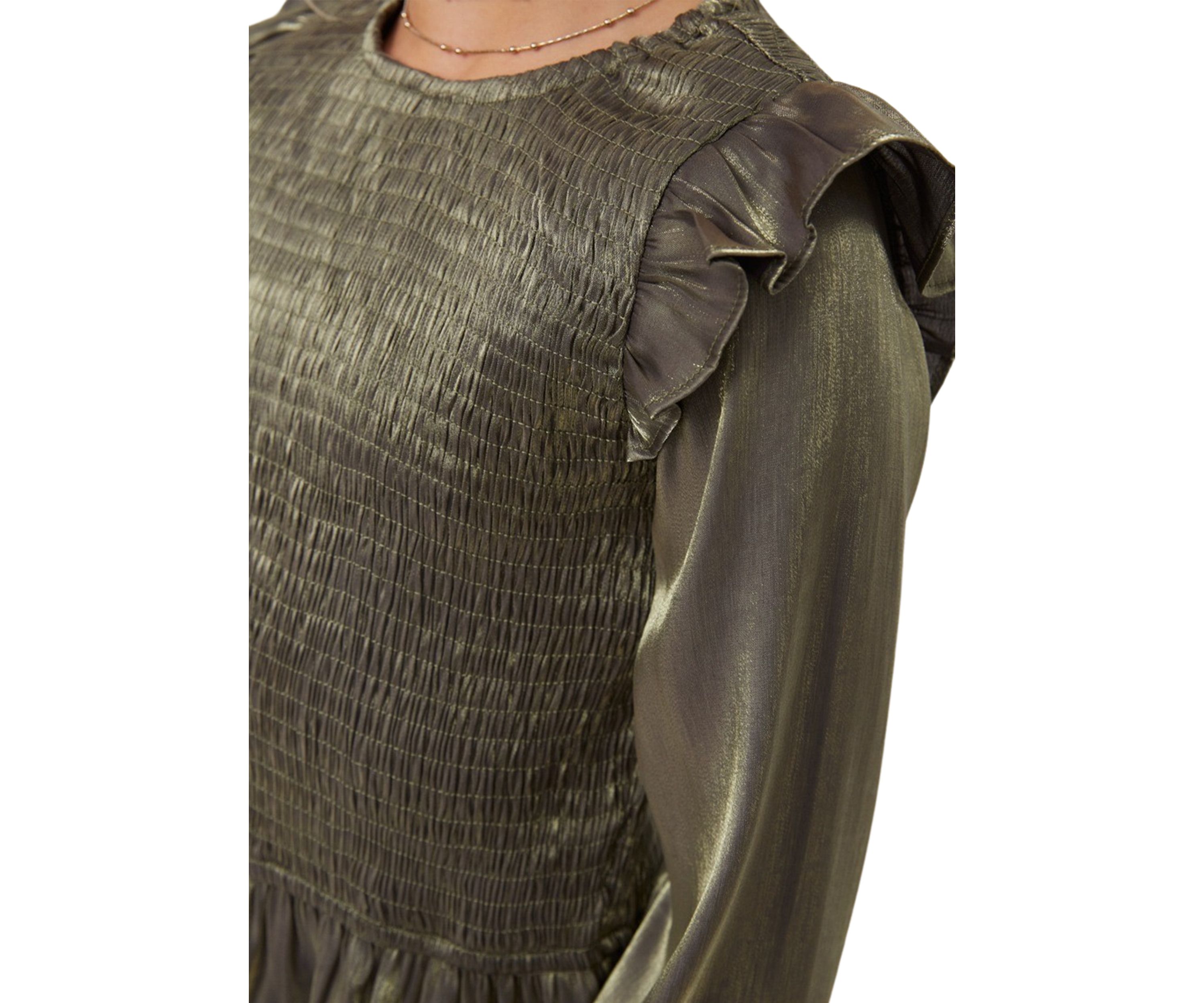 Girls 7-16 Crushed Satin Smocked Ruffle Shoulder Top 