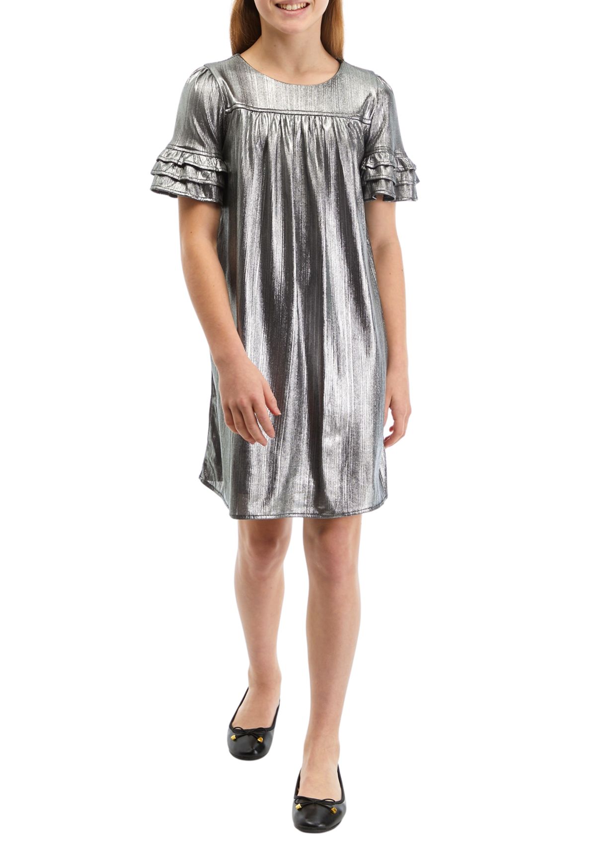 Girls 7-16 Textured Iridescent Layered Ruffle Dress