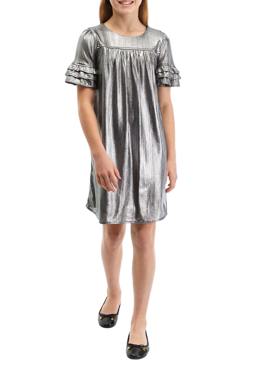 Girls 7-16 Textured Iridescent Layered Ruffle Dress