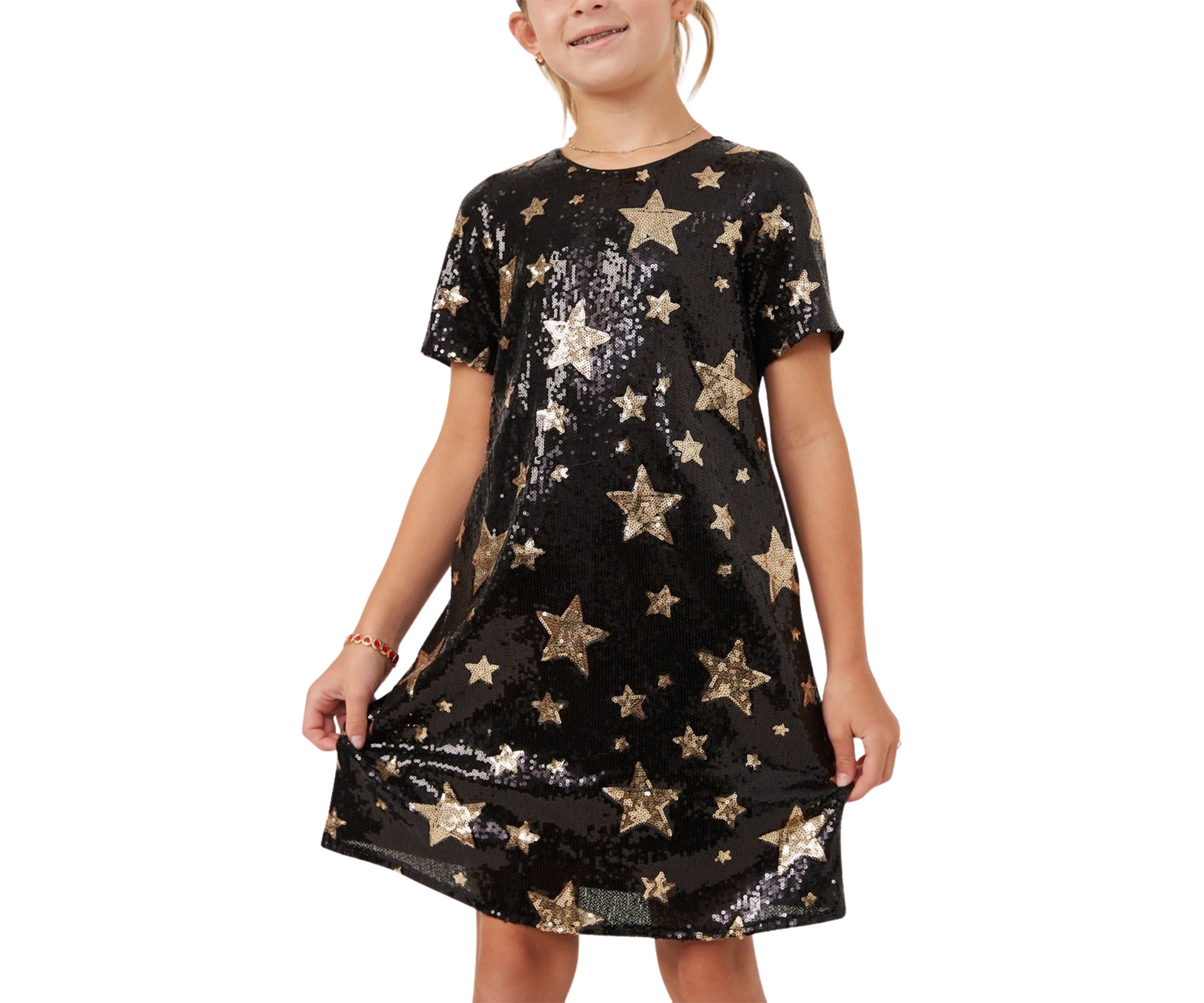 Girls 7-16 Sequined Star Pattern Shift Dress