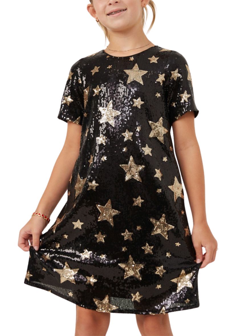 Girls 7-16 Sequined Star Pattern Shift Dress
