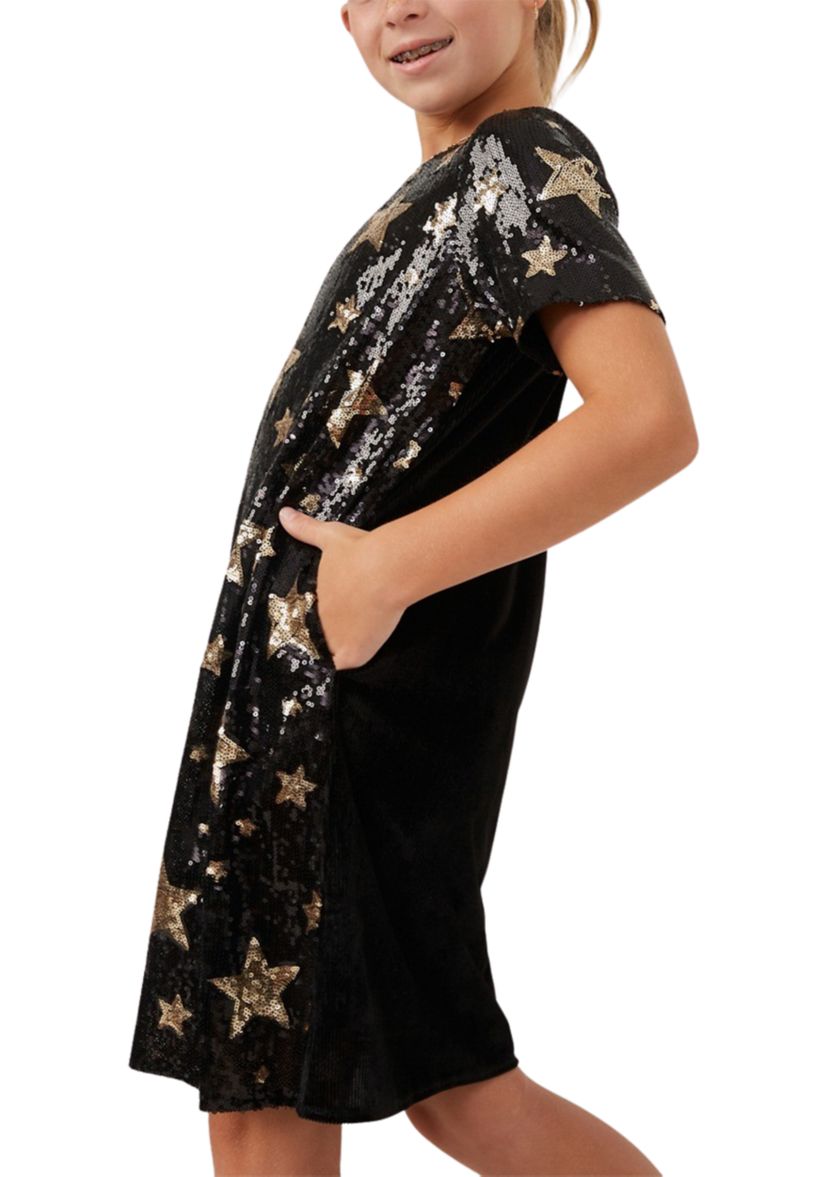 Girls 7-16 Sequined Star Pattern Shift Dress