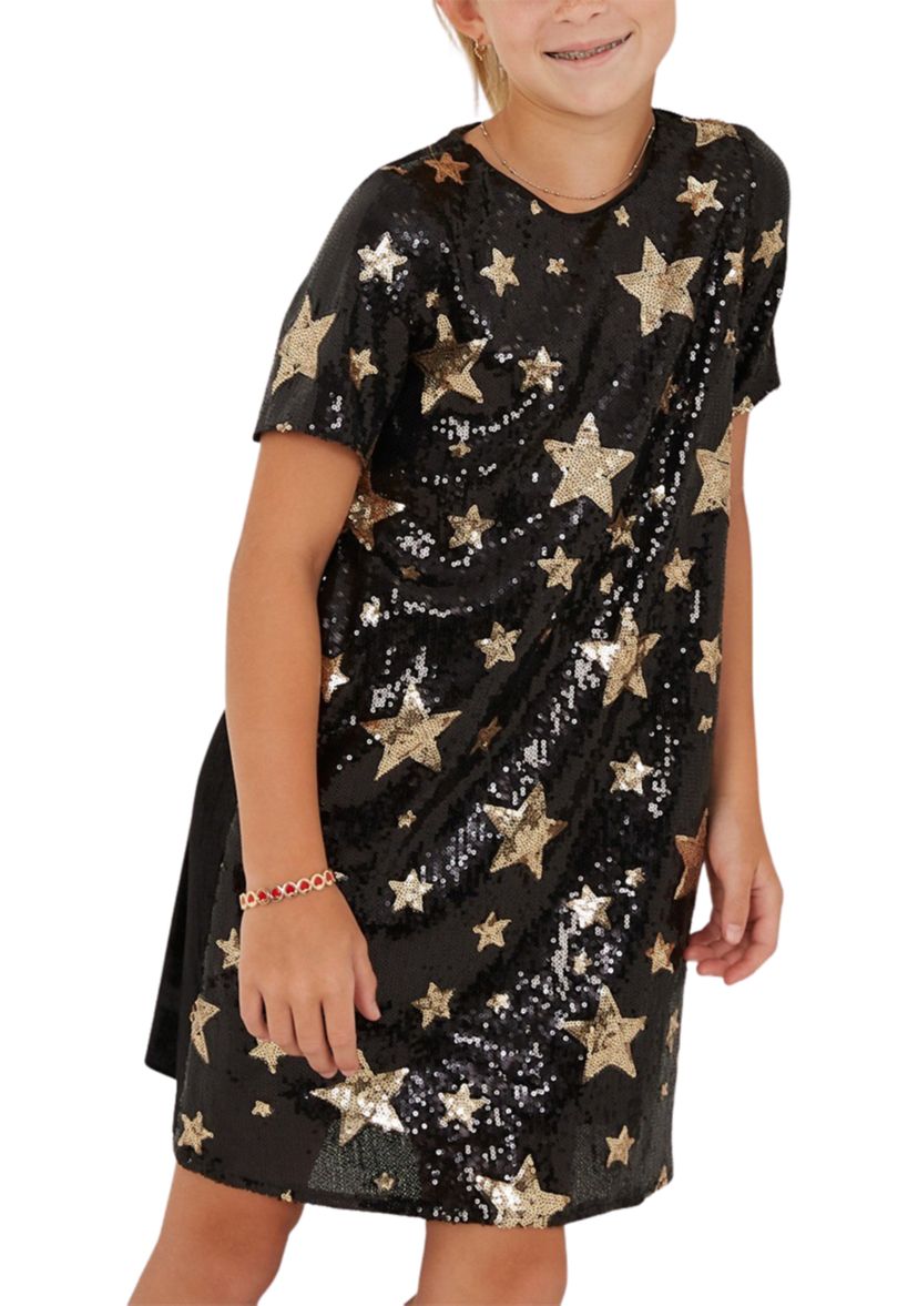 Girls 7-16 Sequined Star Pattern Shift Dress