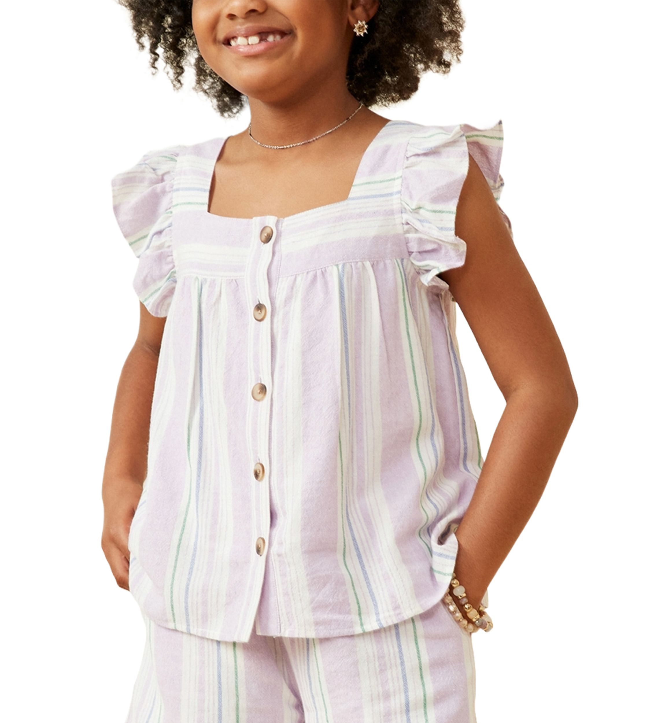 Girls 7-16 Striped Square Neck Ruffled Button Top
